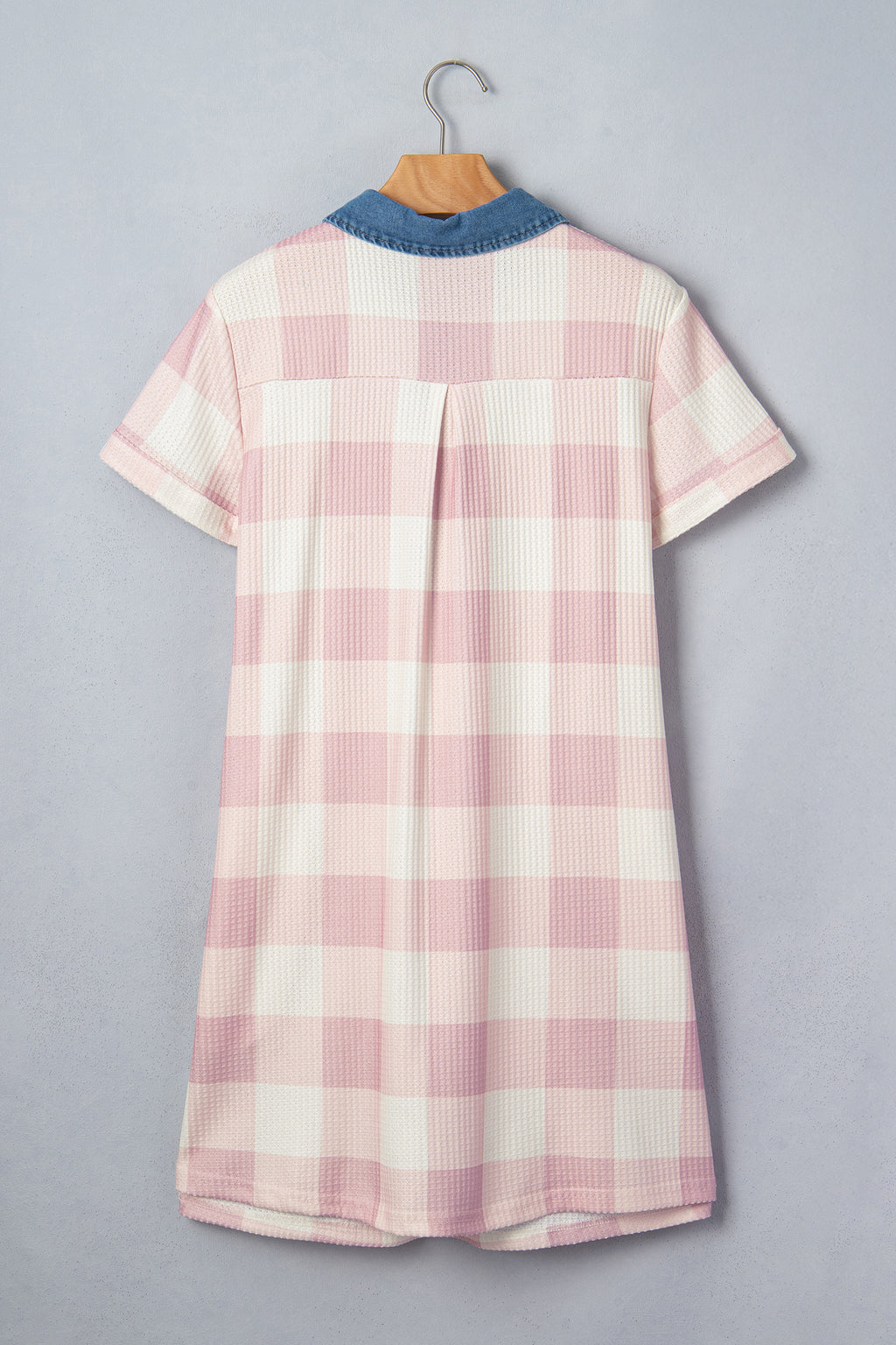 Pink Waffle Plaid Print Contrast Denim Shirt Collar Buttoned T Shirt Mini Dress
