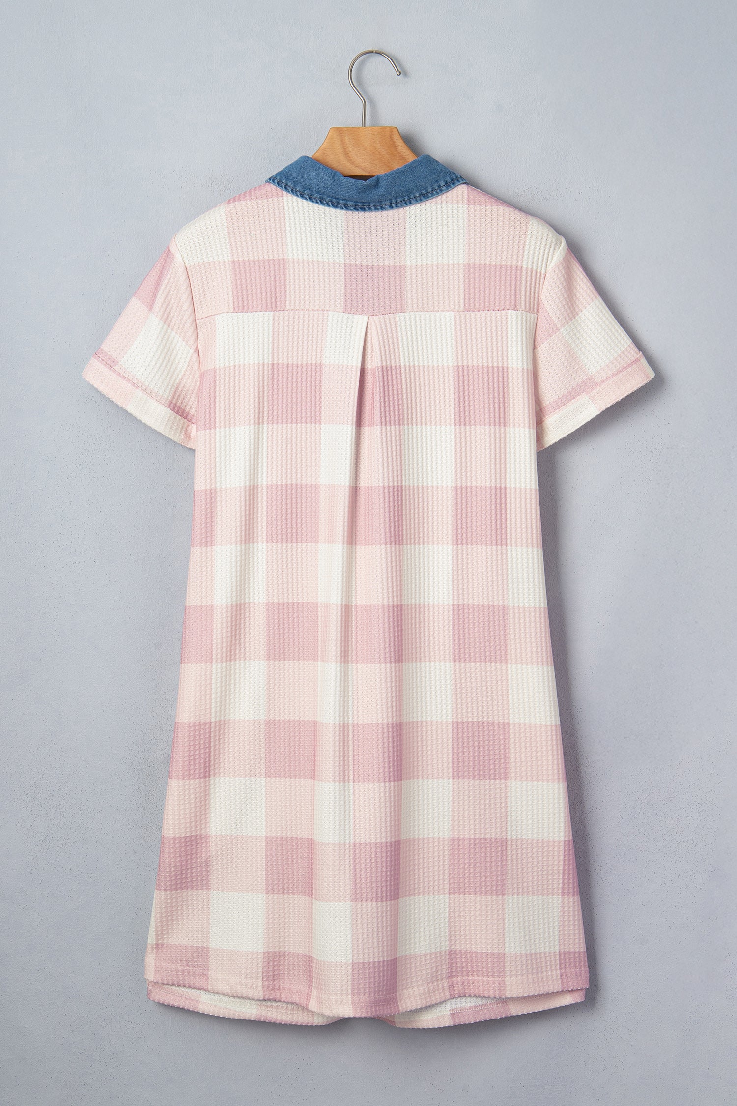 Pink Waffle Plaid Print Contrast Denim Shirt Collar Buttoned T Shirt Mini Dress