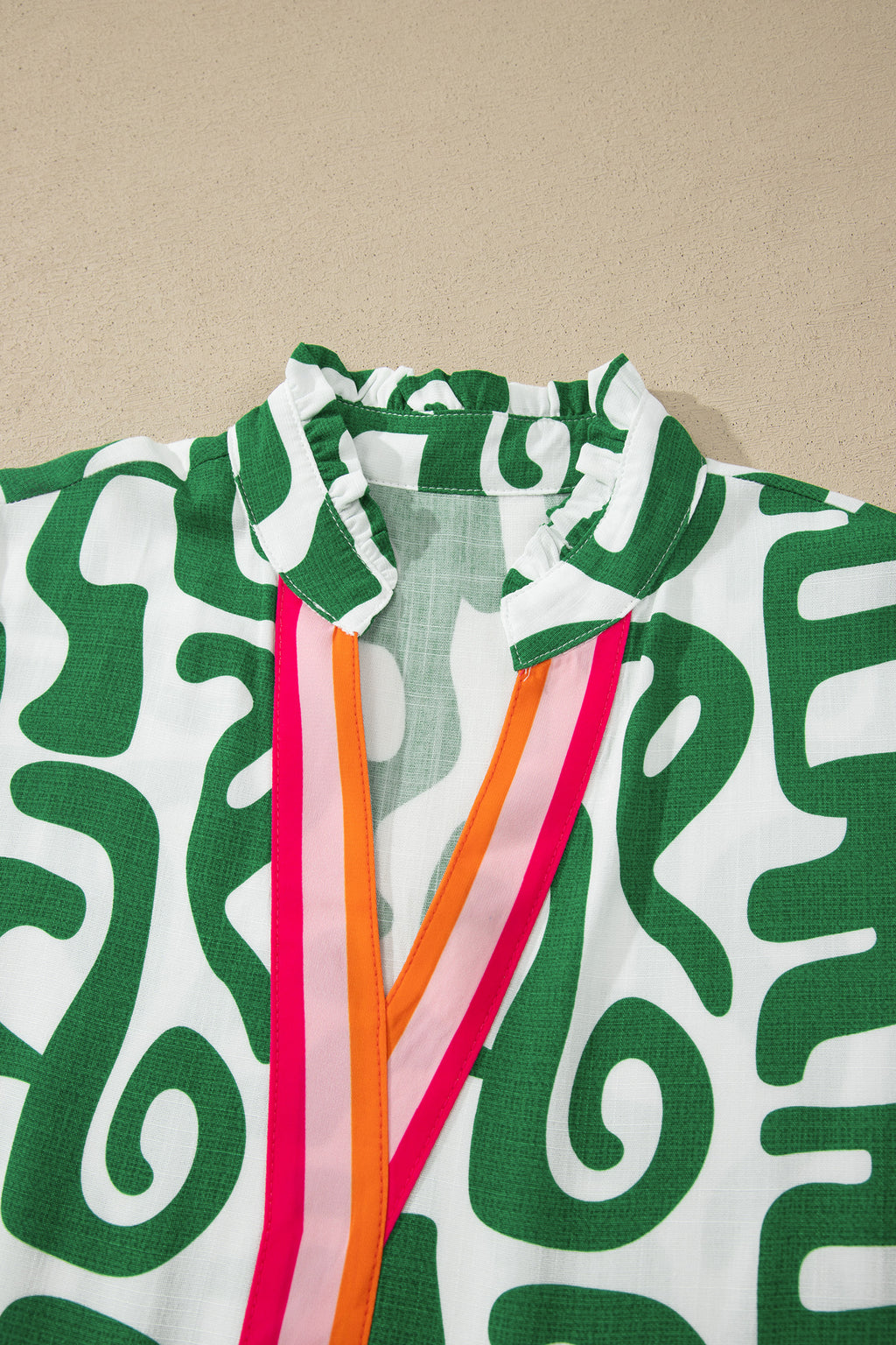 Green Abstract Print Striped Trim V Neck Short Sleeve Blouse