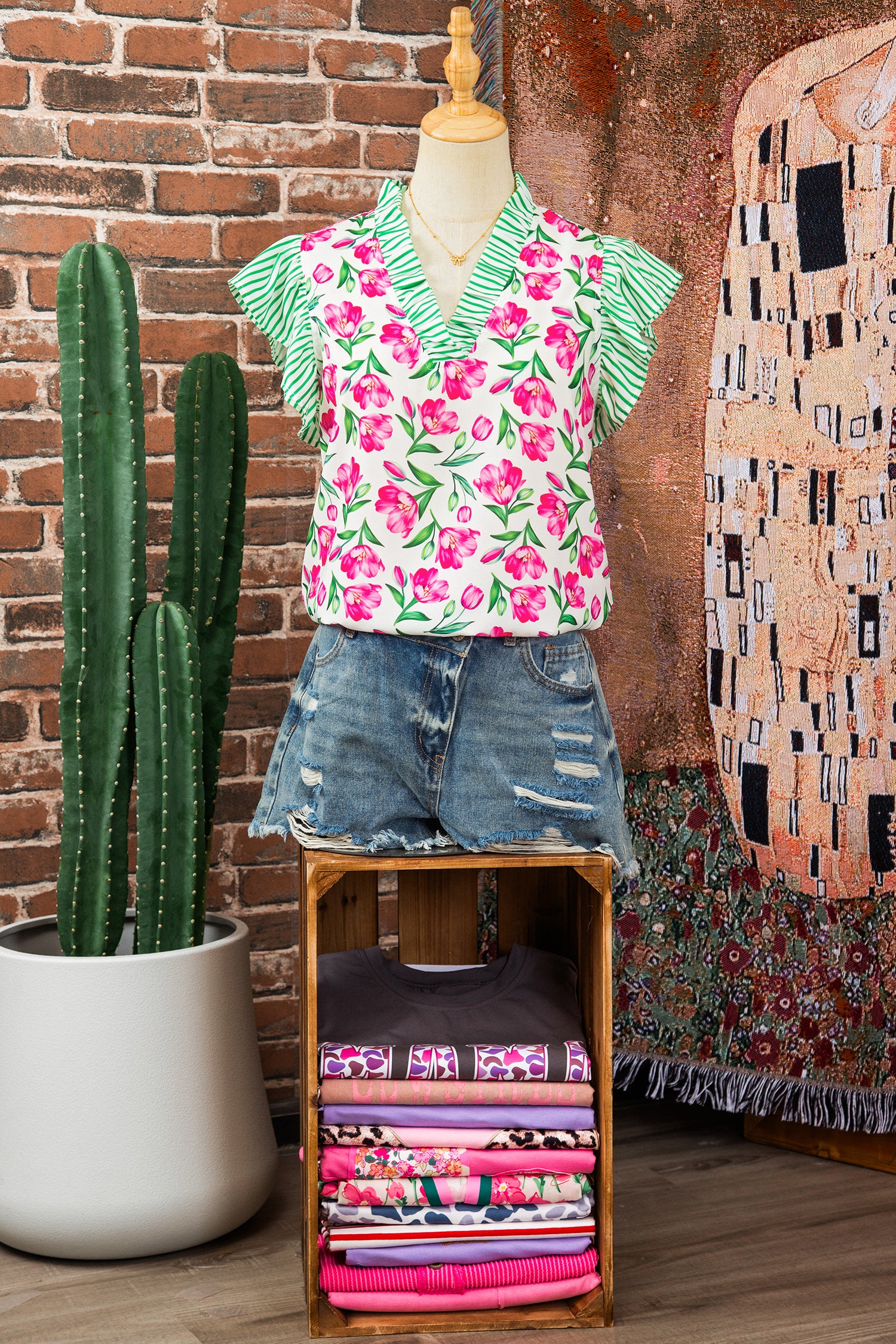 Multicolour Sweet Floral Print Striped Ruffle Trim V Neck Blouse
