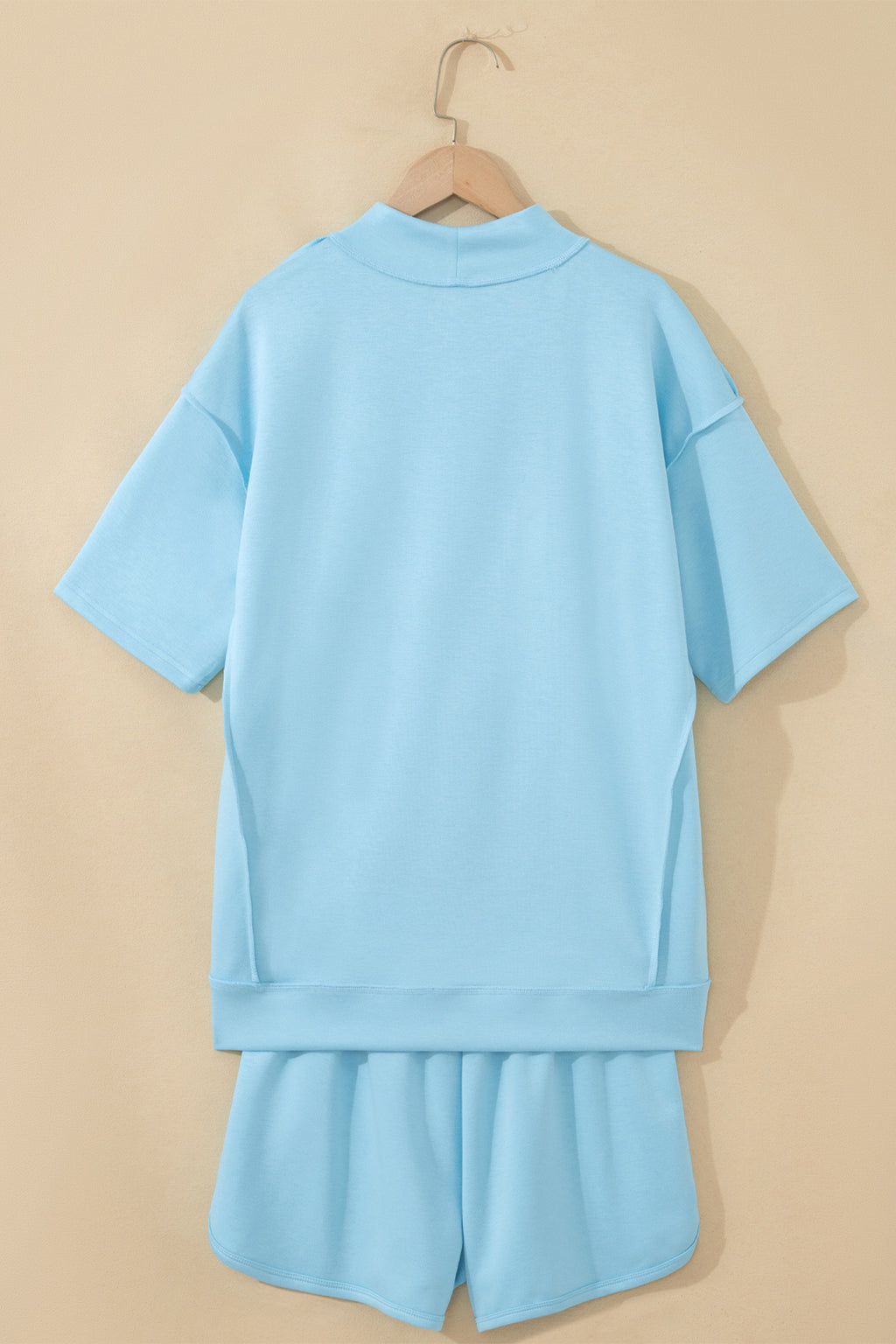 Yellow Cream Solid Color Exposed Seam Mock Neck Oversize Tee Casual Shorts 2pcs Outfit