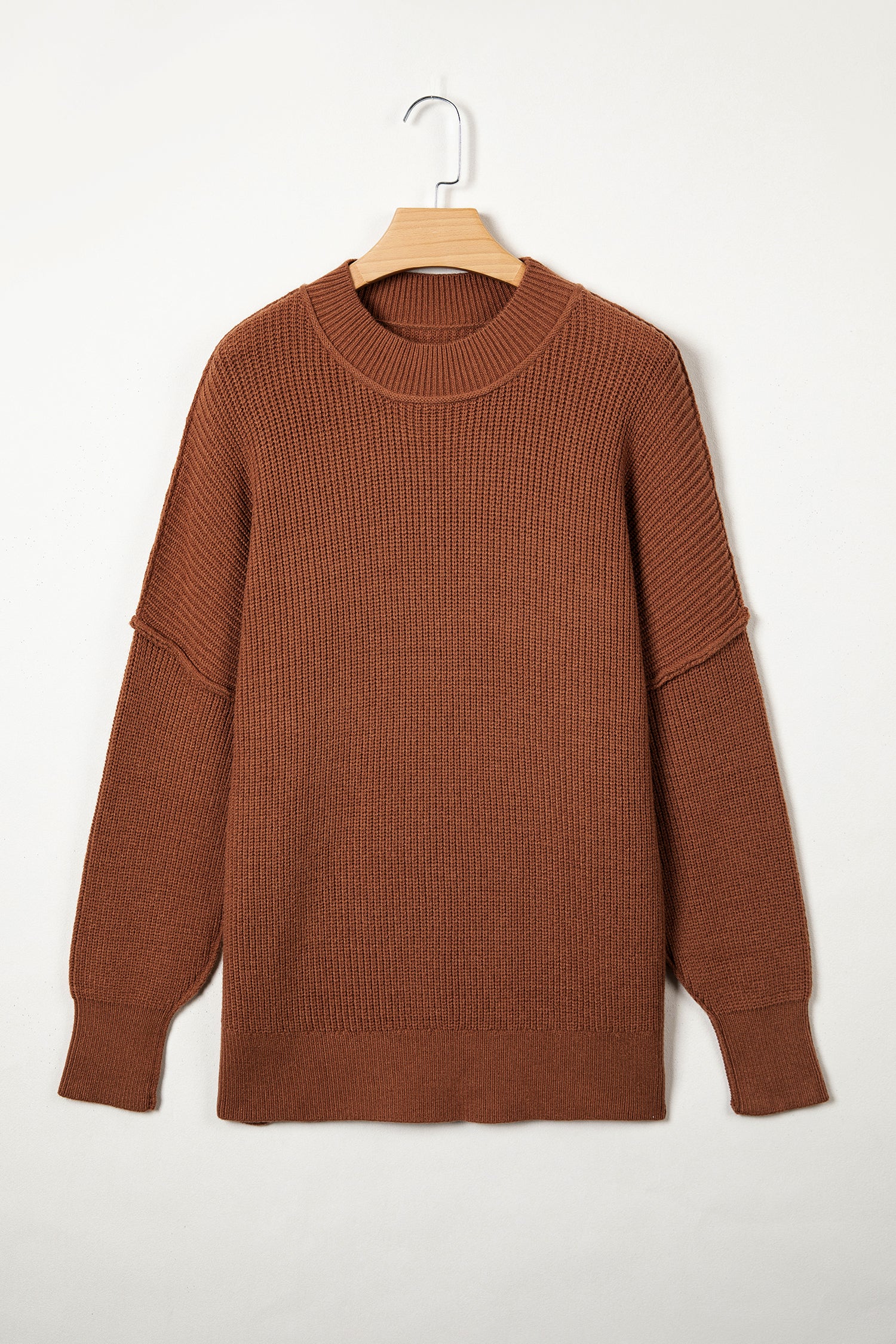 Chestnut Long Sleeve Ribbed Knit Stand Neck Regular Fit Pullover Sweater