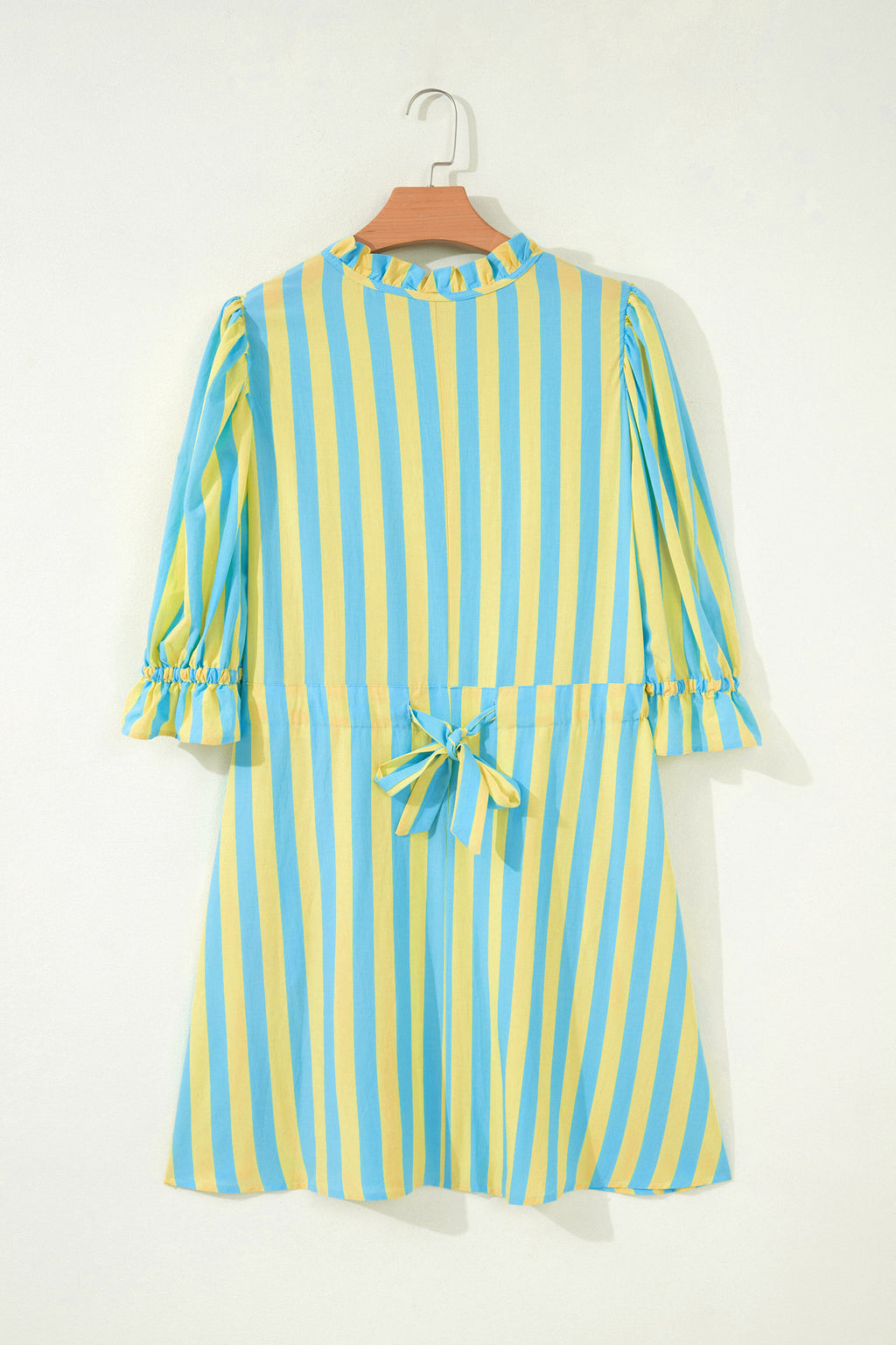Red Stripe Half Button Puff Sleeve Loose Mini Dress