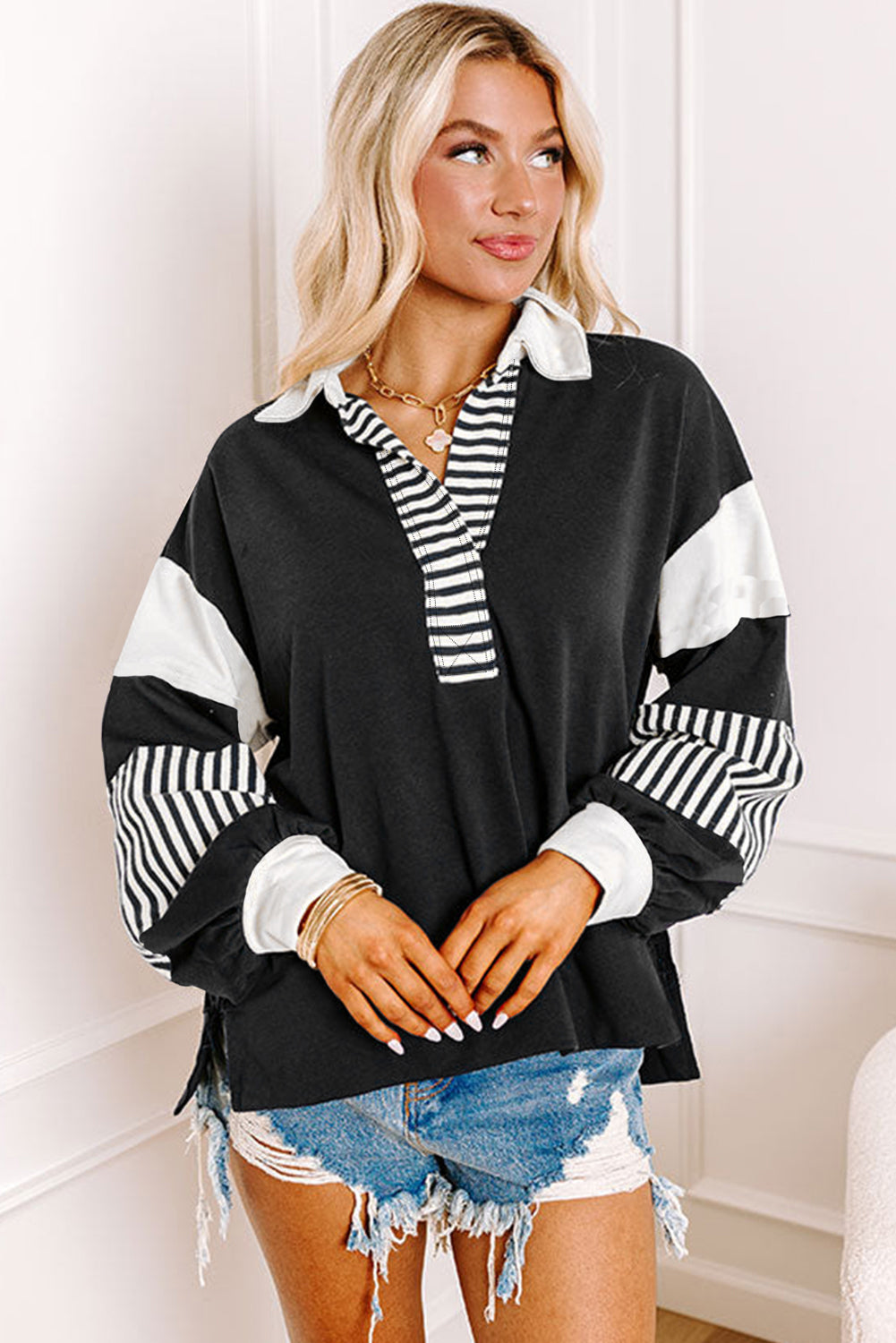 Light French Beige Striped Colorblock Patchwork Collar Sweatshirt