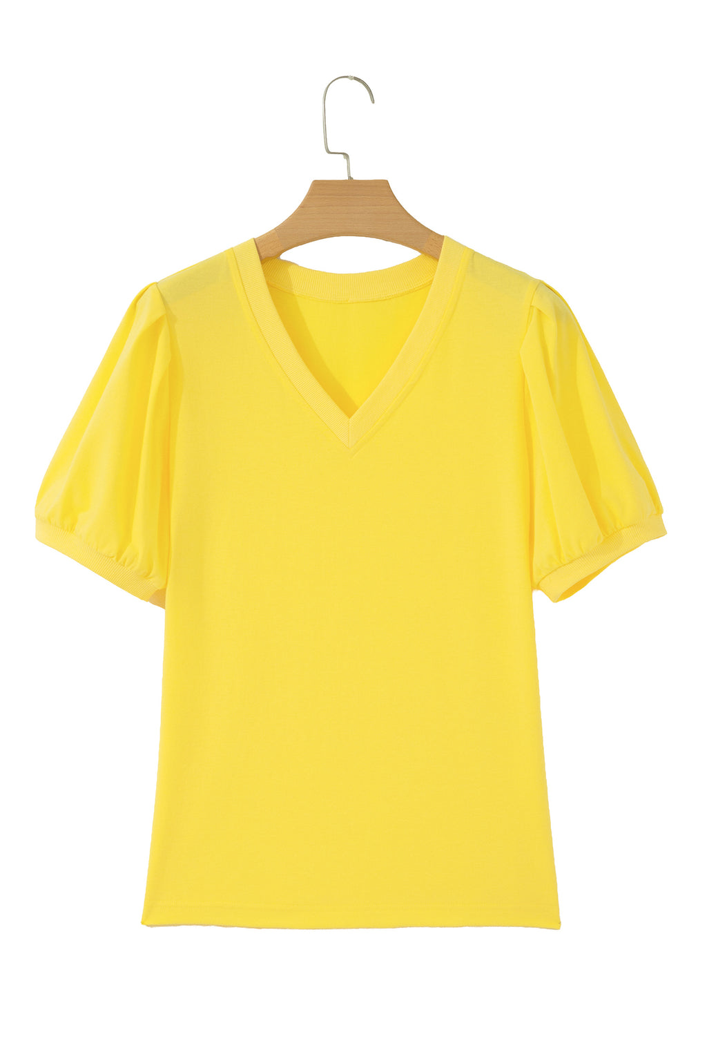 Yellow Solid Color V Neck Short Puff Sleeve Blouse