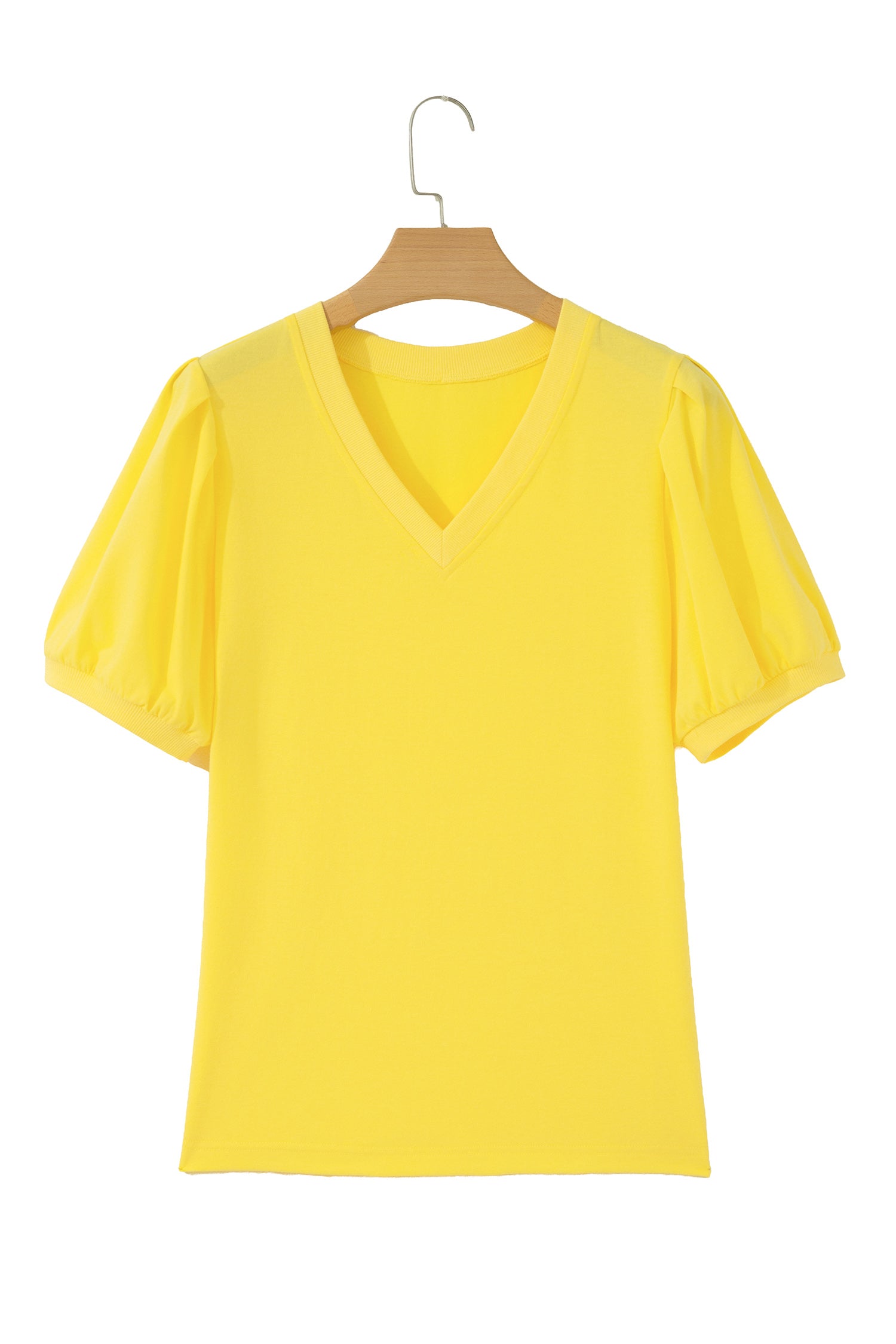Yellow Solid Color V Neck Short Puff Sleeve Blouse