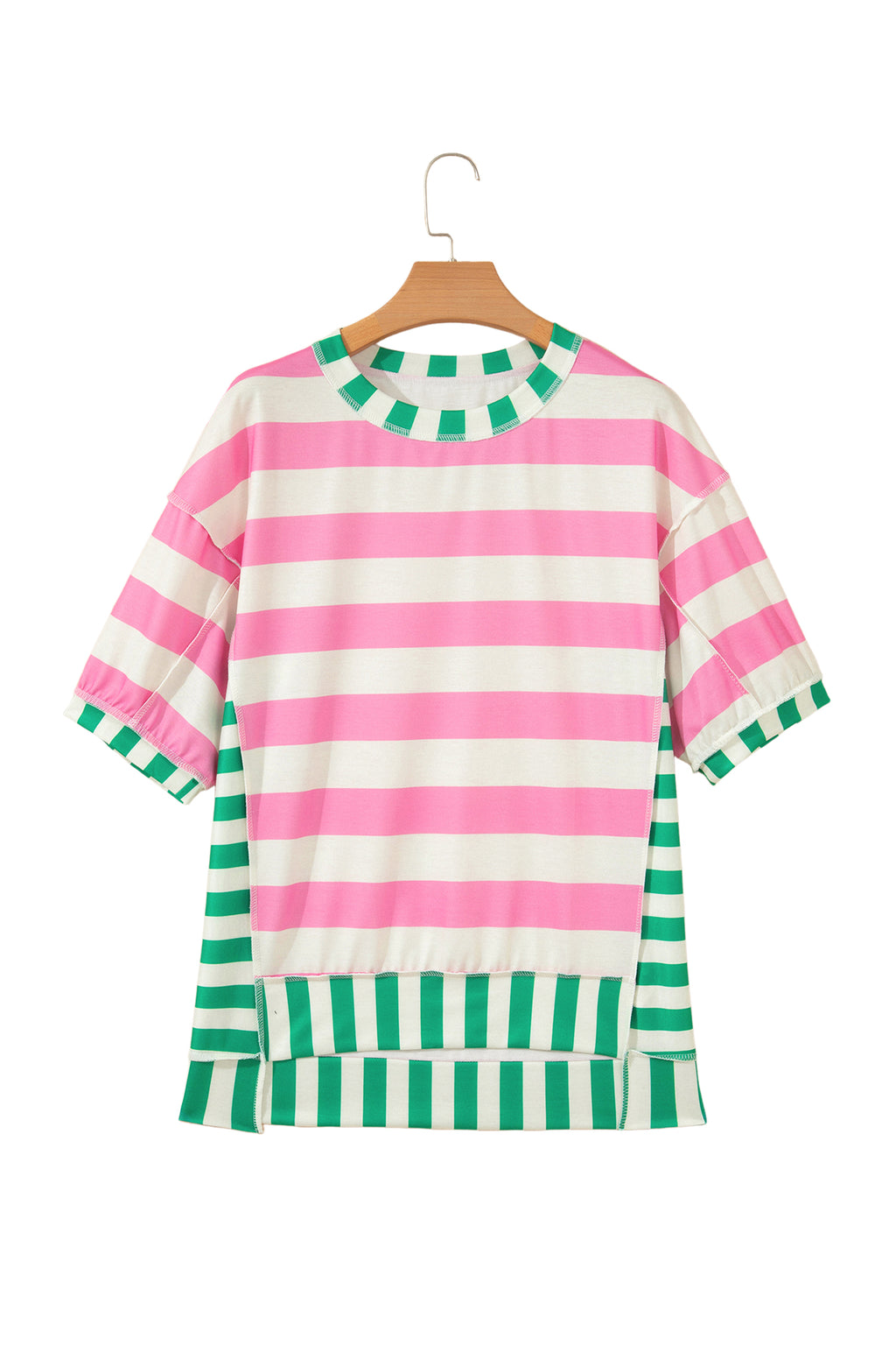 Pink Stripe Exposed Seam Contrast Patchwork Oversized Top