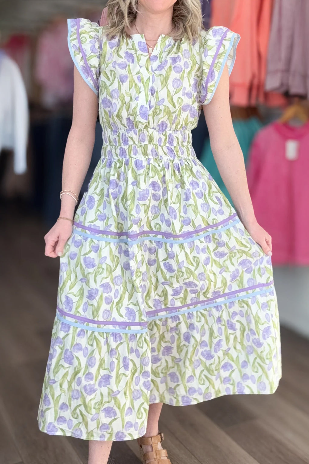 Purple Tulip Floral Print Contrast Trim Midi Dress