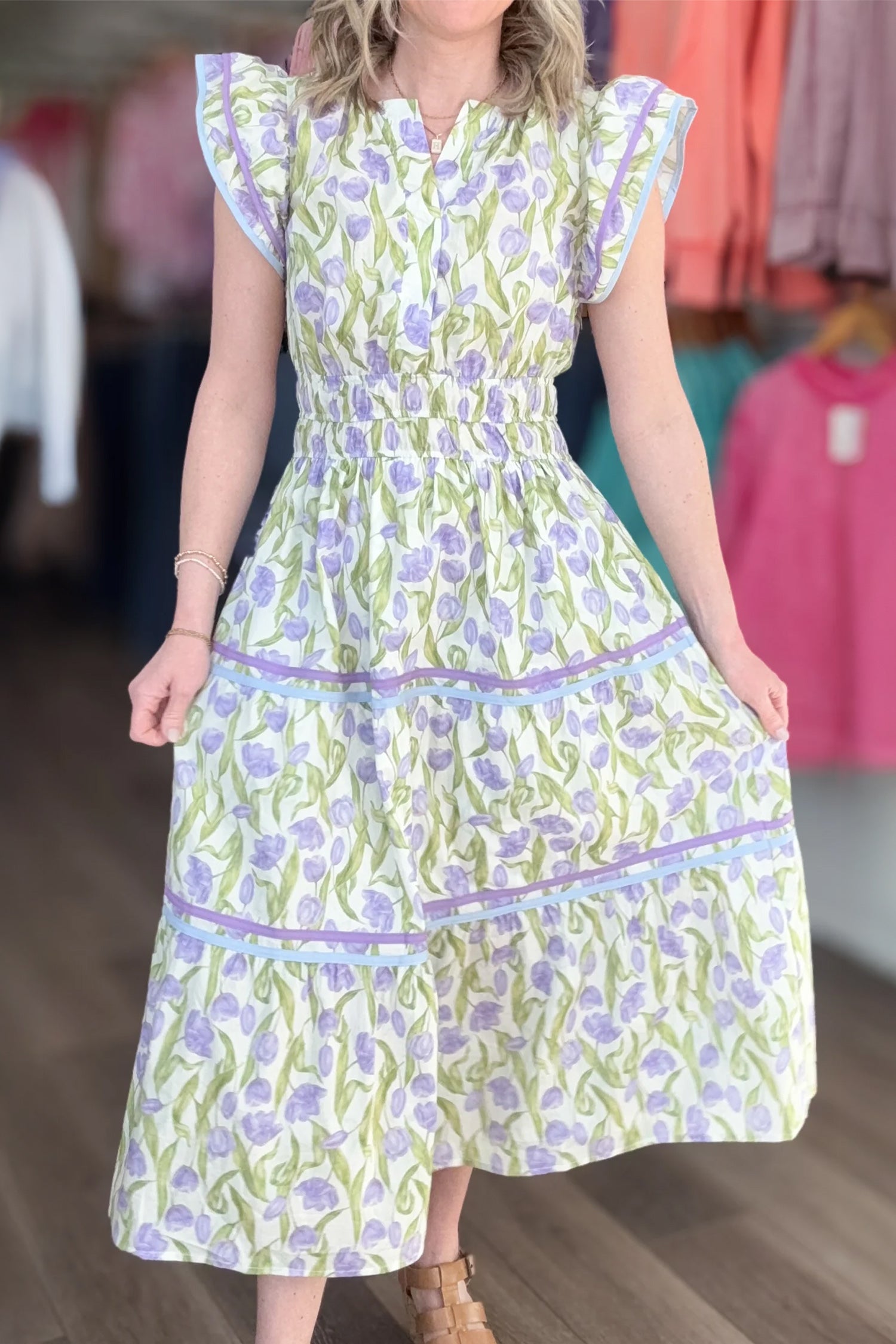 Purple Tulip Floral Print Contrast Trim Midi Dress
