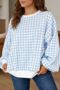 Light Blue Plaid Round Neck Long Sleeve Sweatshirt