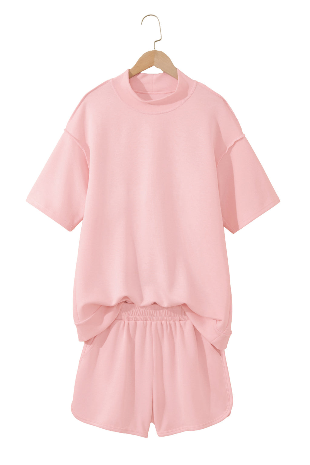 Yellow Cream Solid Color Exposed Seam Mock Neck Oversize Tee Casual Shorts 2pcs Outfit