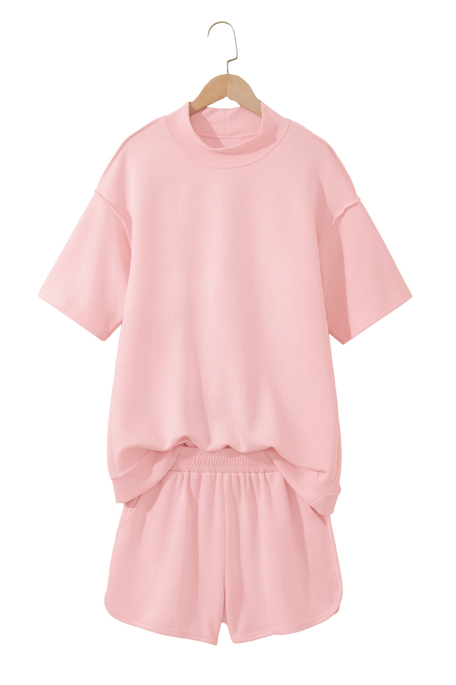 Yellow Cream Solid Color Exposed Seam Mock Neck Oversize Tee Casual Shorts 2pcs Outfit