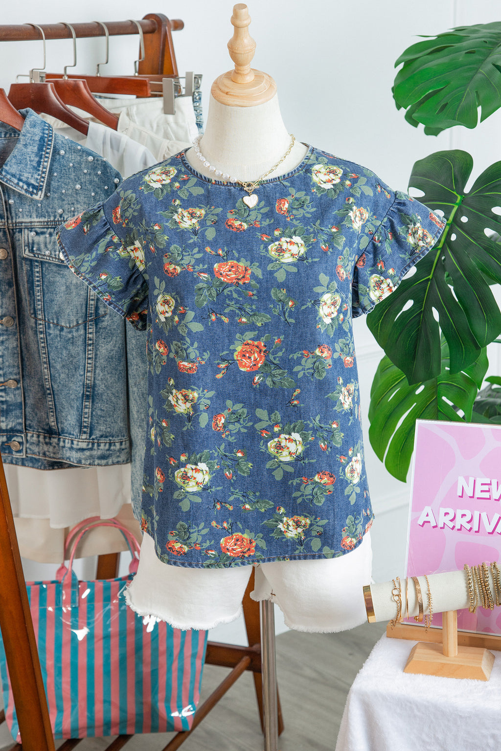 Ashleigh Blue Ruffled Short Sleeve Floral Denim Top