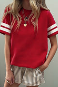 Dark Blue Varsity Striped Short Sleeve Crew Neck T Shirt
