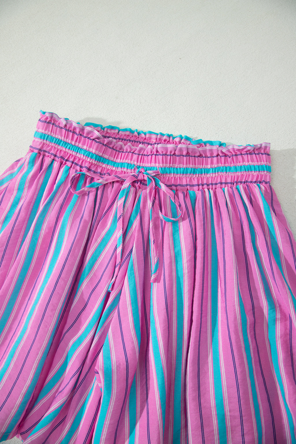Pink Stripe Dolman Short Sleeve Blouse Drawstring Elastic Waist Loose Short Set