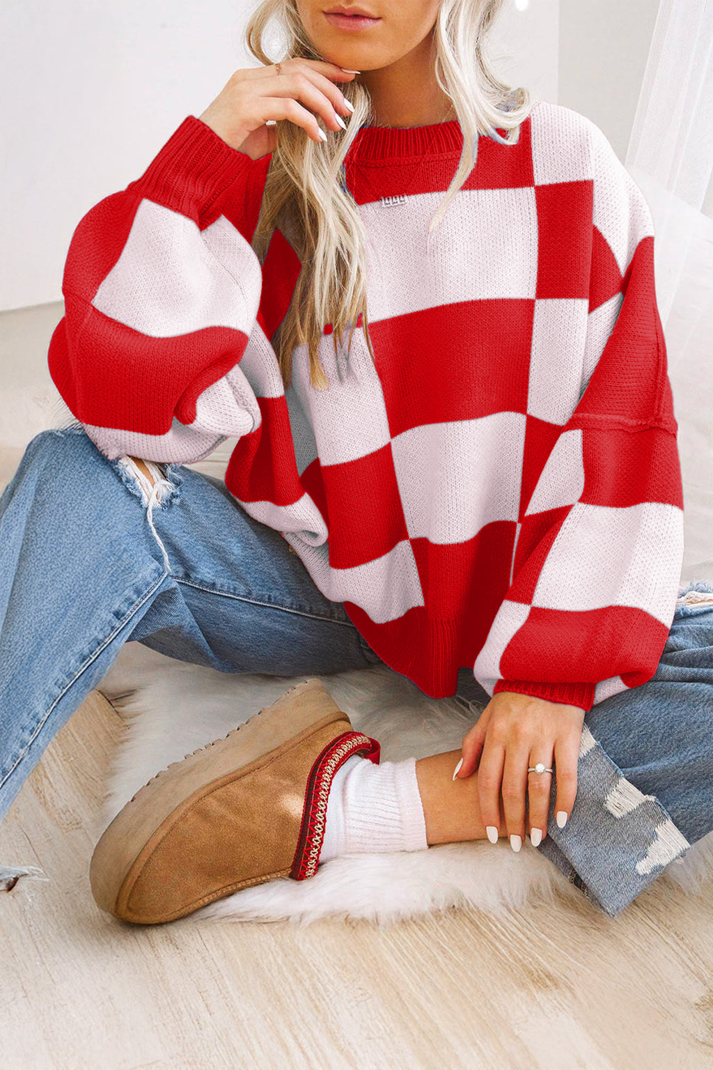 Gray Checkered Bishop Sleeve Sweater