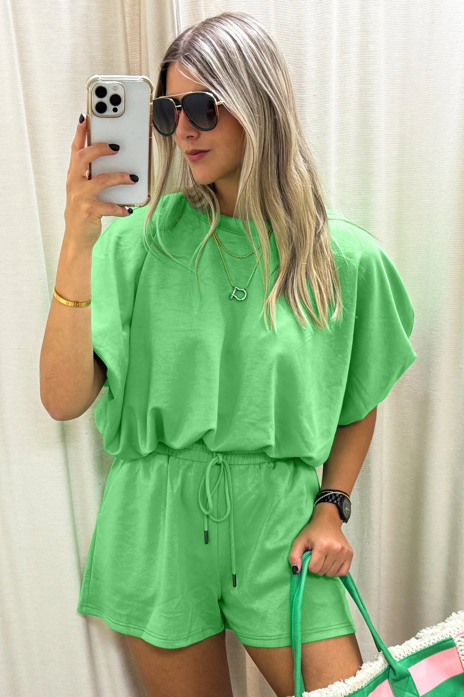 Light Blue Solid Color Puffy Loose Top Drawstring Shorts 2pcs Outfit