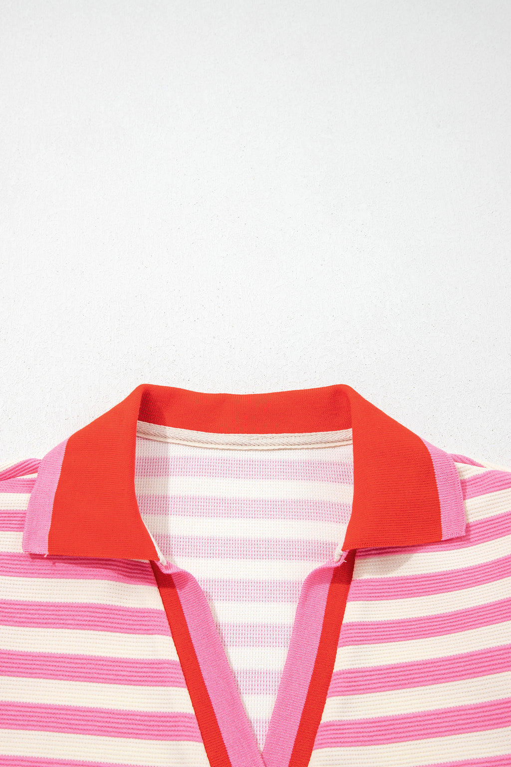 Green Stripe Contrast Trim Polo Collar Ruffled Short Sleeve Blouse