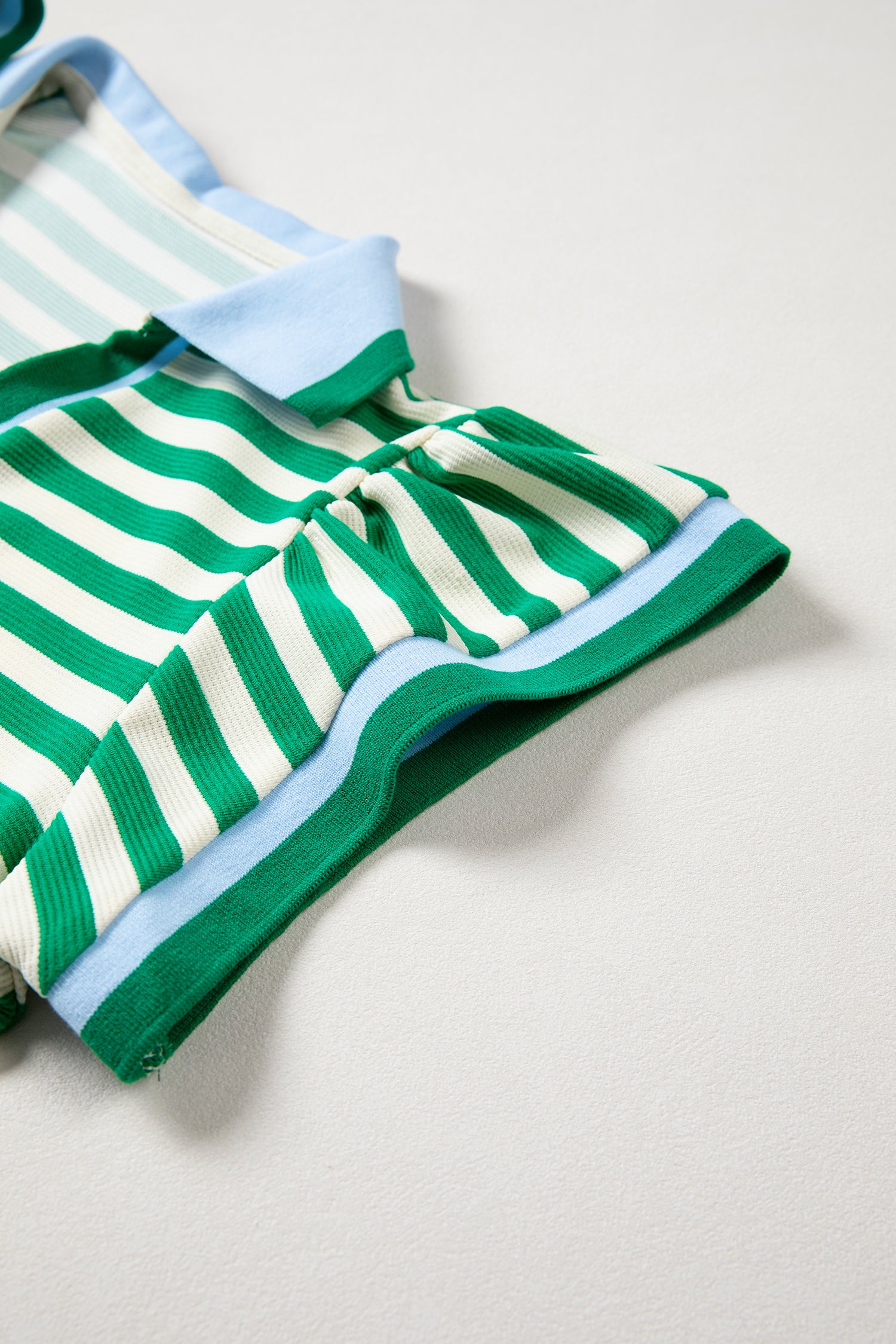 Green Stripe Contrast Trim Polo Collar Ruffled Short Sleeve Blouse