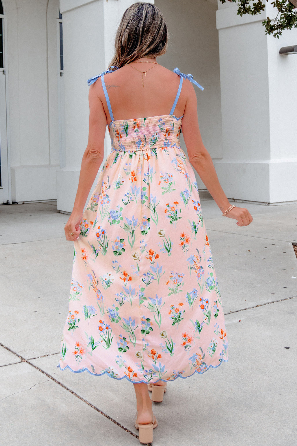 Beige Floral Print Contrast Trim Self-tie Straps High Waist Midi Dress