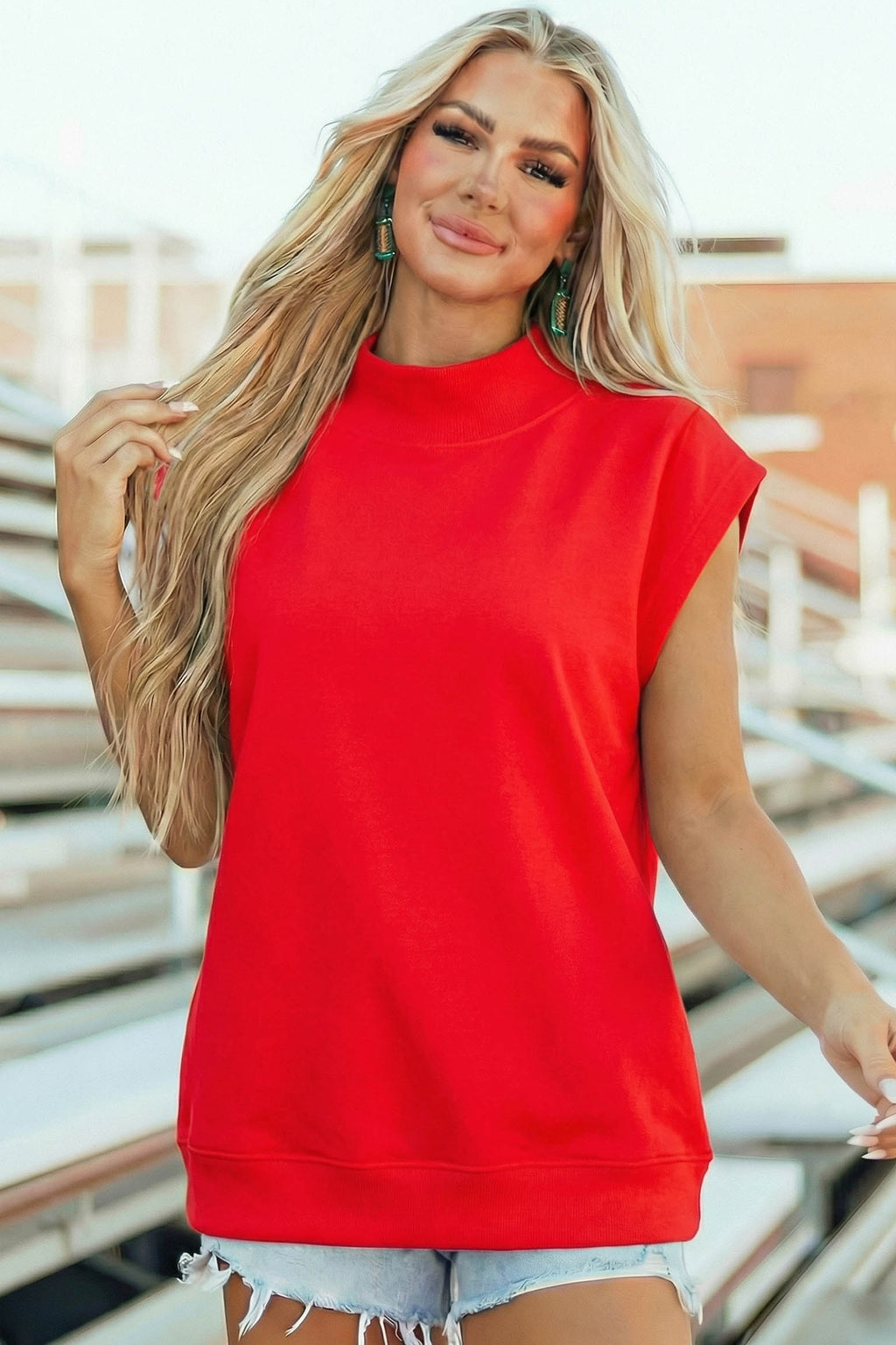 Orange Solid Color High Neck Cap Sleeve Loose Top