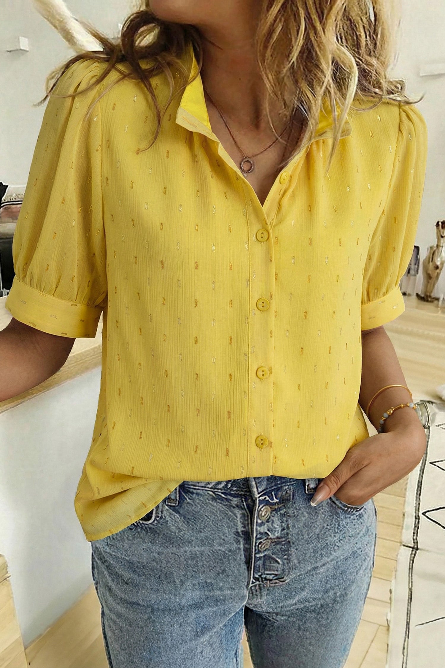 Beige Metallic Jacquard Short Sleeve Shirt