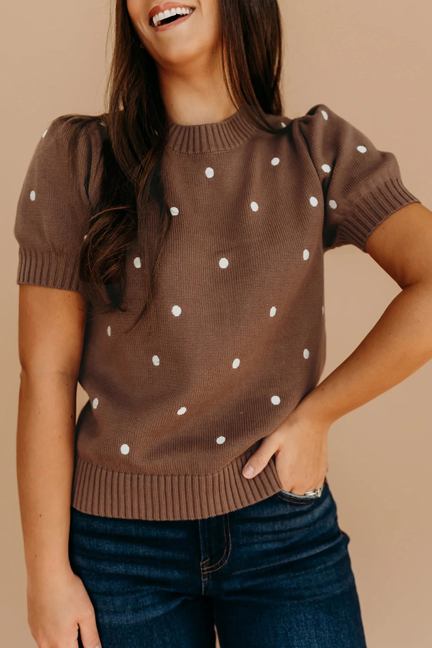 Yellow Cream Elegant Polka Dot Bubble Short Sleeve Sweater