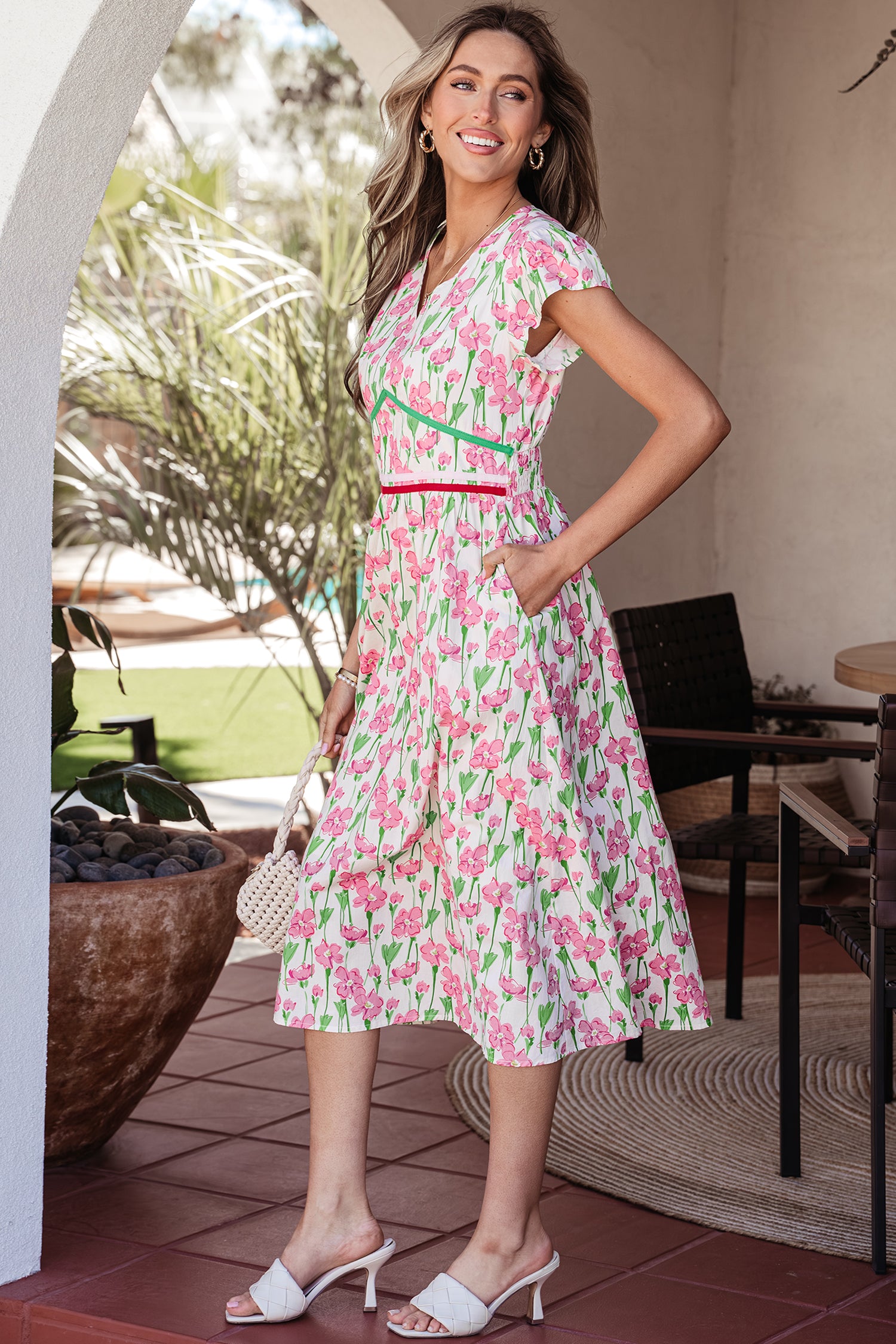 Pink Floral Print V Neck Short Sleeve Elegant Dress