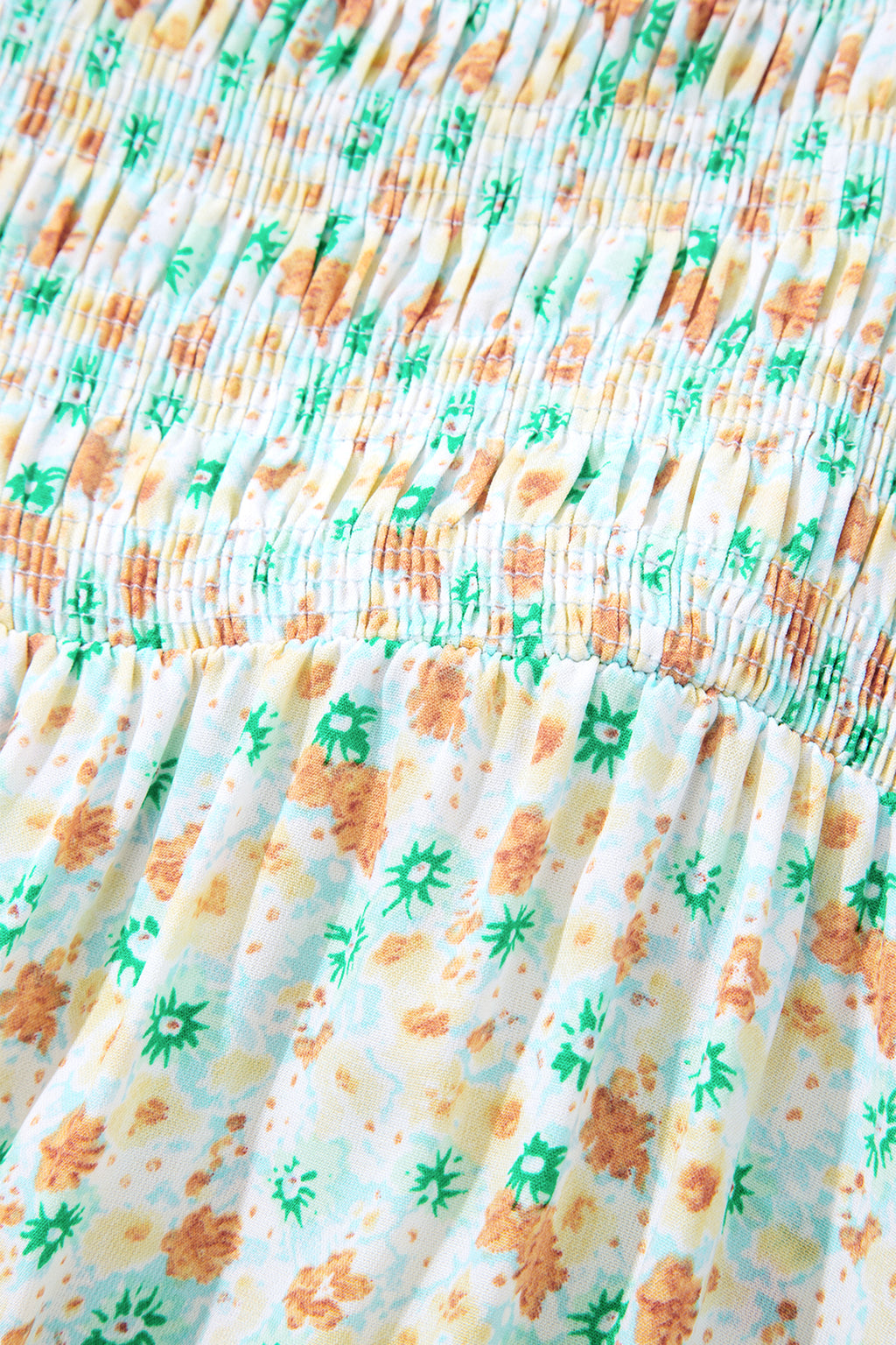 Green Floral Short Bubble Sleeve Shirred High Waist Maxi Dress