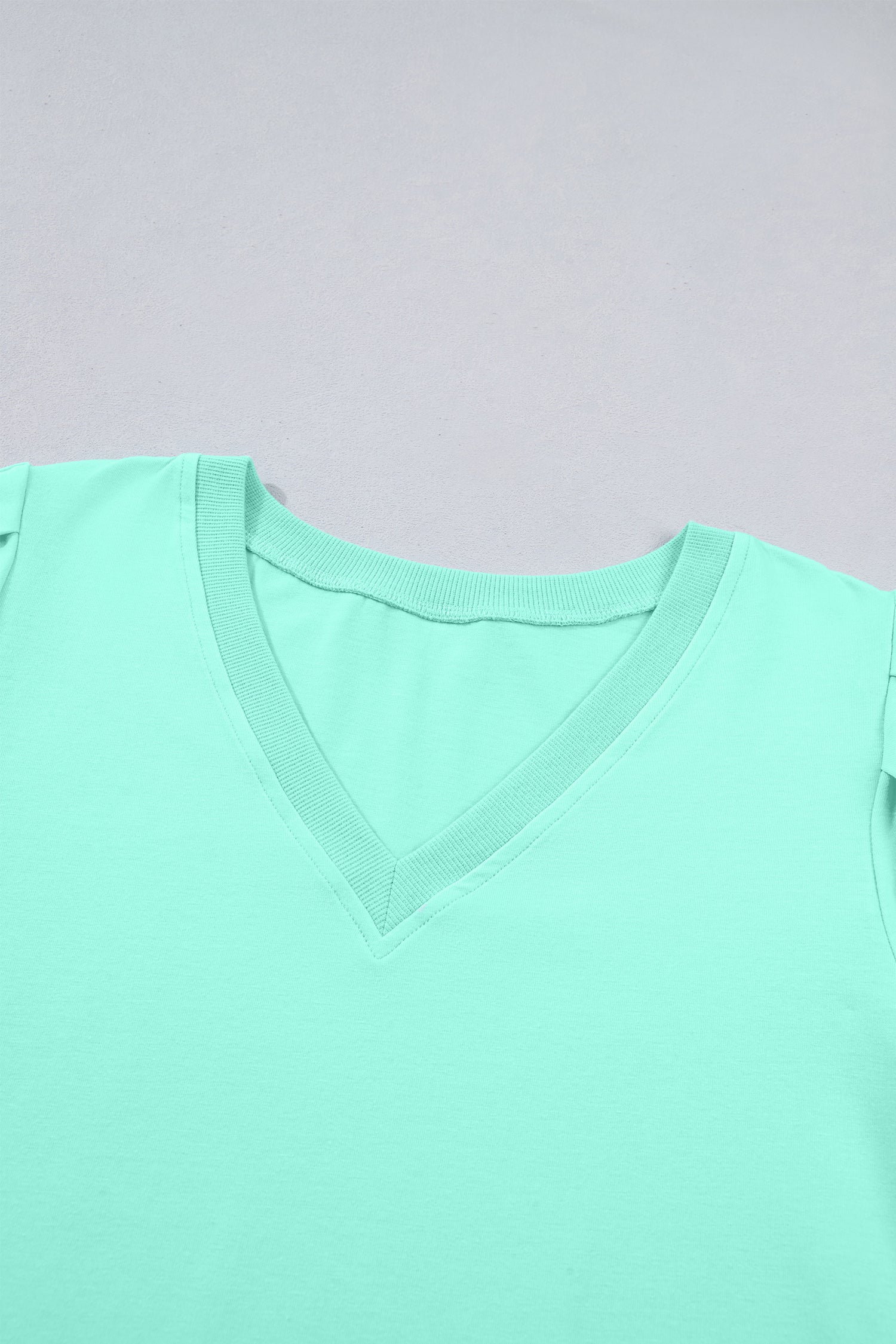 Mint Green Solid Color V Neck Short Puff Sleeve Blouse