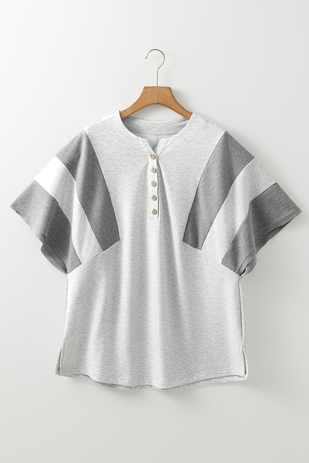 Two Tone Waffle Knit Patched Buttoned V Neck Top