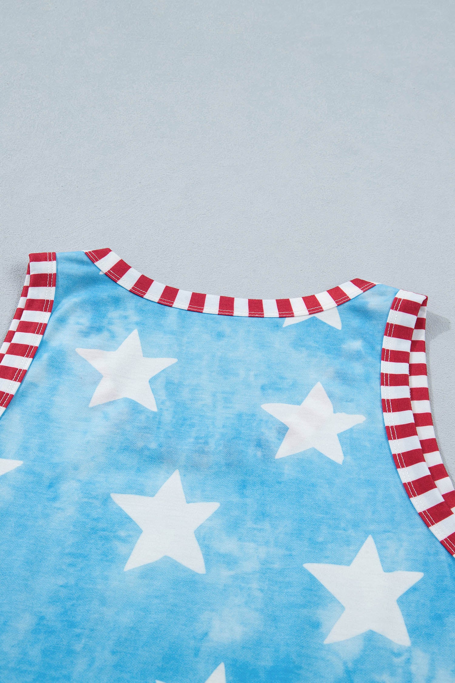 Sky Blue Tie Dye Star Print Striped Trim Round Neck Casual Tank Top