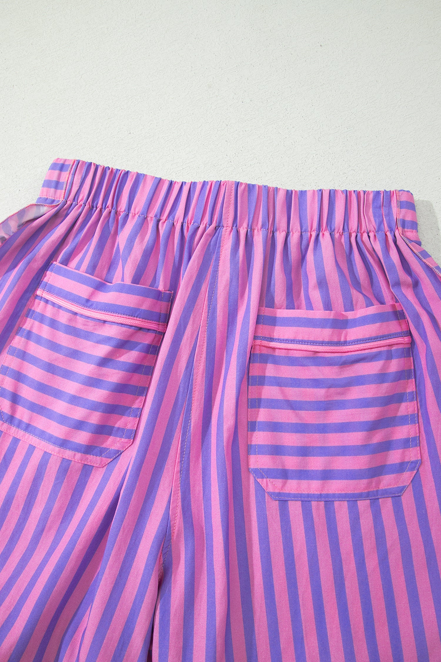 Sky Blue Stripe Elastic Waist Ruffle Trim Casual Shorts