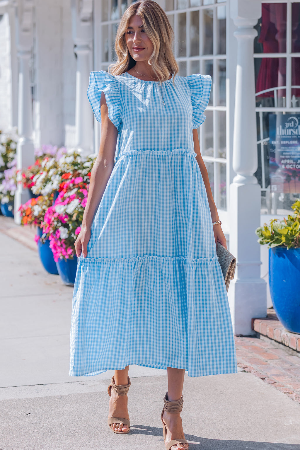 Blue Knot Back Ruffled Short Sleeve Gingham Maxi Dress