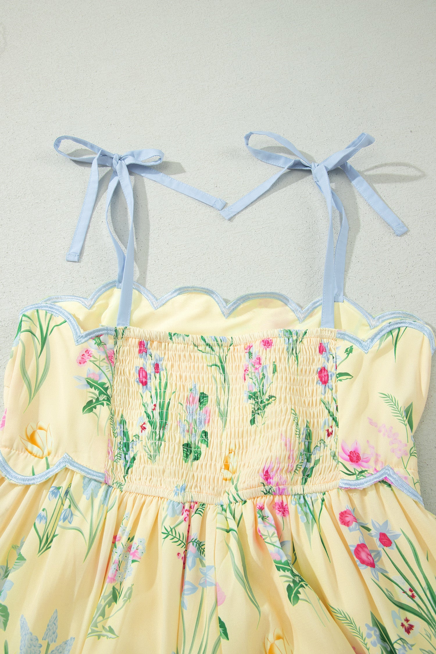 Beige Floral Print Contrast Trim Self-tie Straps High Waist Midi Dress