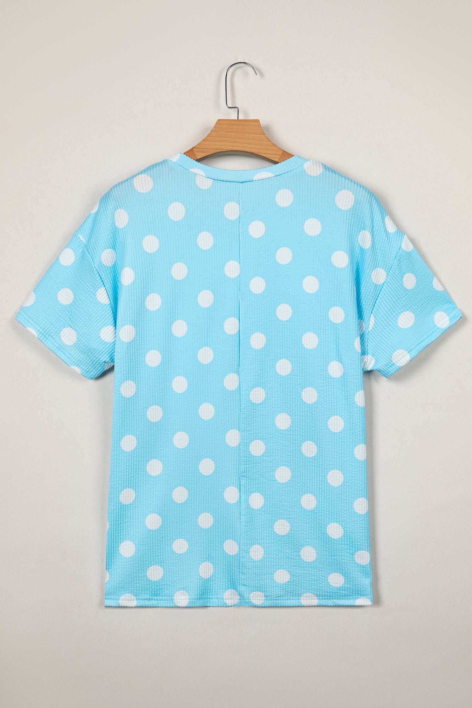 Sky Blue Polka Dot Round Neck Drop Shoulder Patch Pocket Jacquard Texture Top