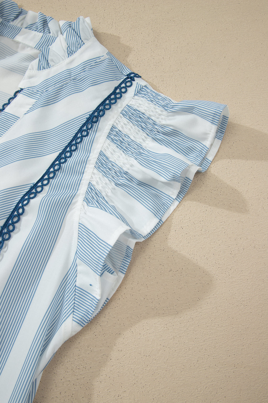 Sky Blue Stripe Subtle Lace Detail V Neck Ruffle Trim Casual Dress