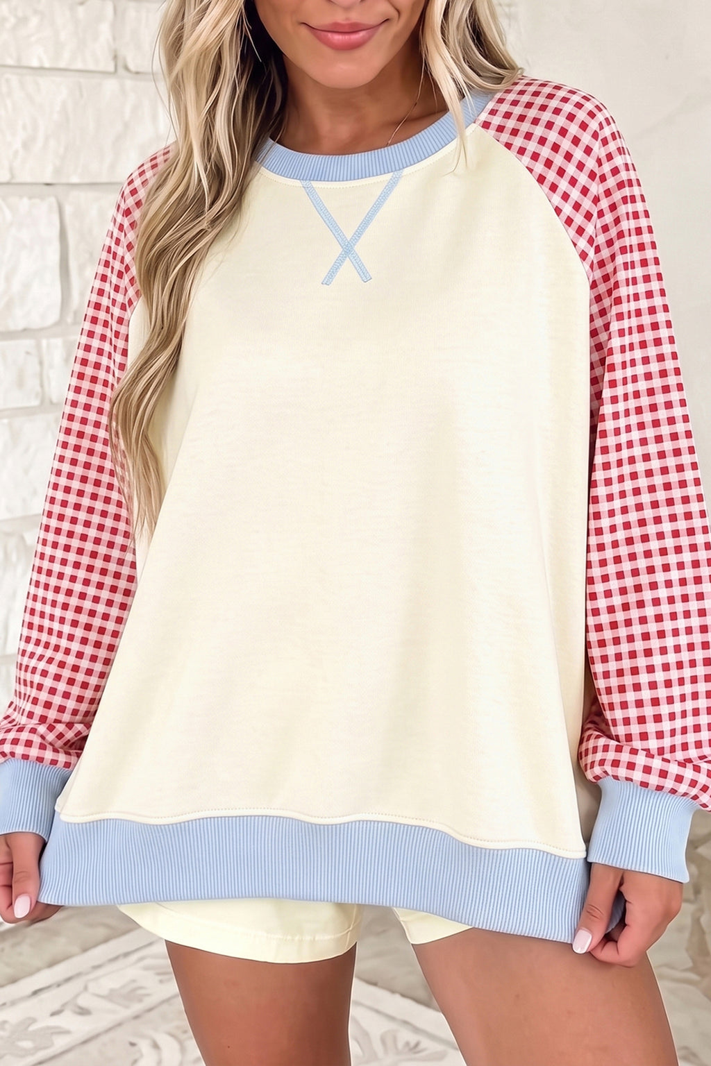 Light Blue Plaid Sleeve Colorblock Raglan Pullover Sweatshirt