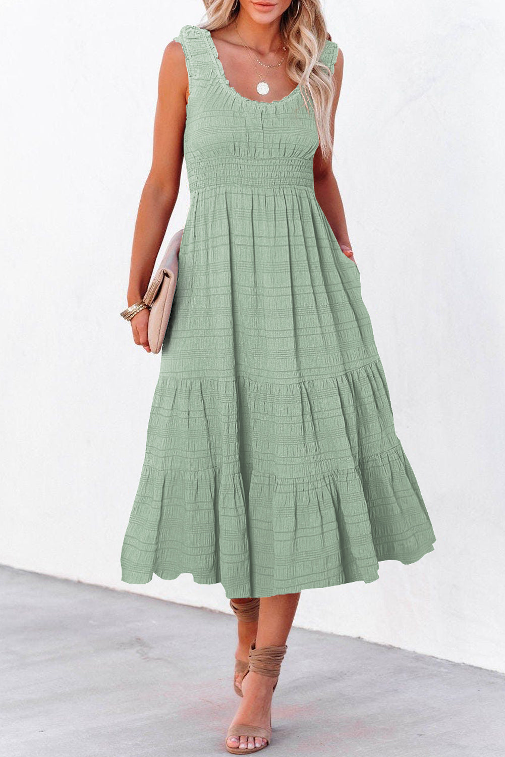 Green Pleated Square Neck Sleeveless Midi Dress