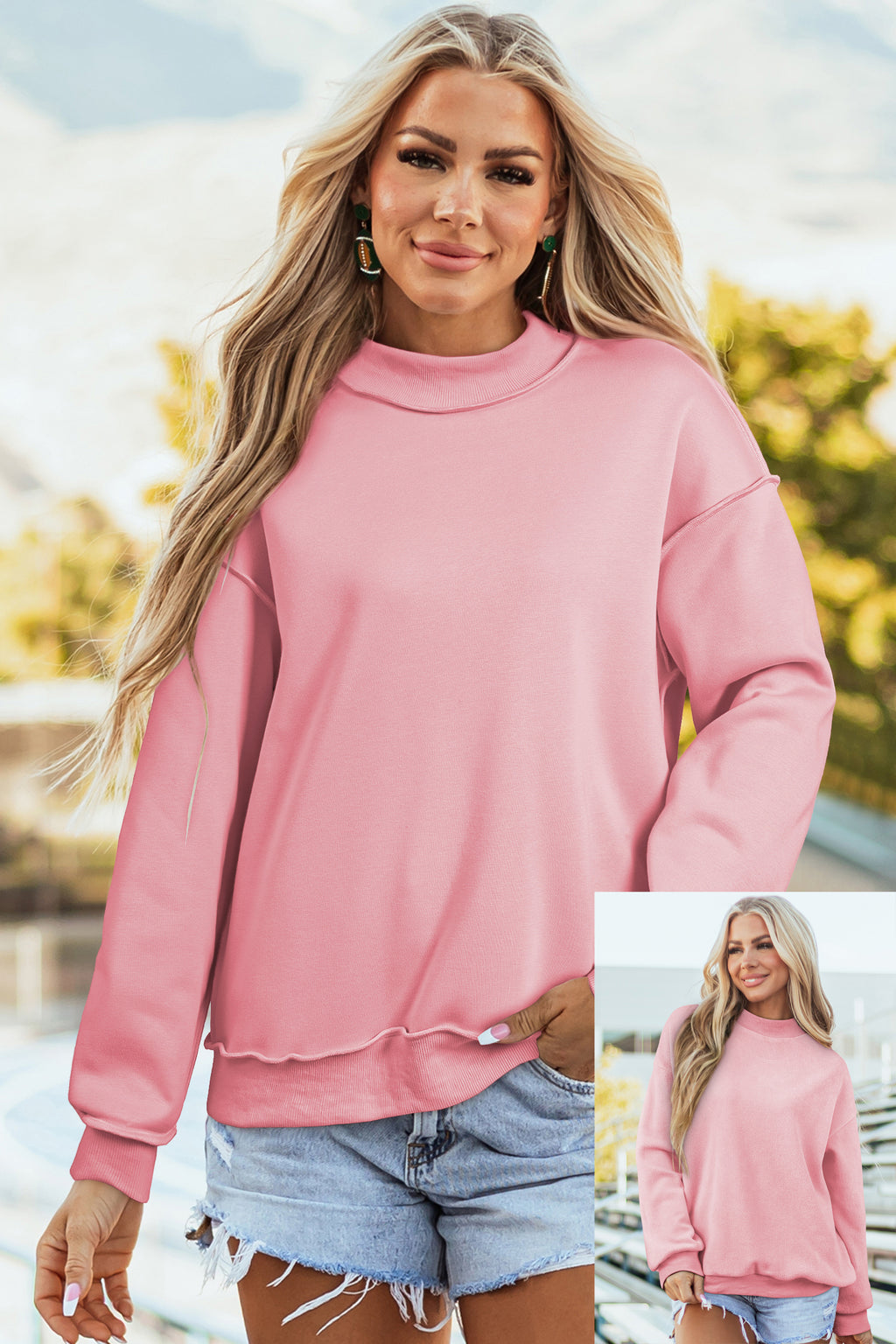Red Dahlia Oversize Drop Shoulder Reversible Mock Neck Sweatshirt