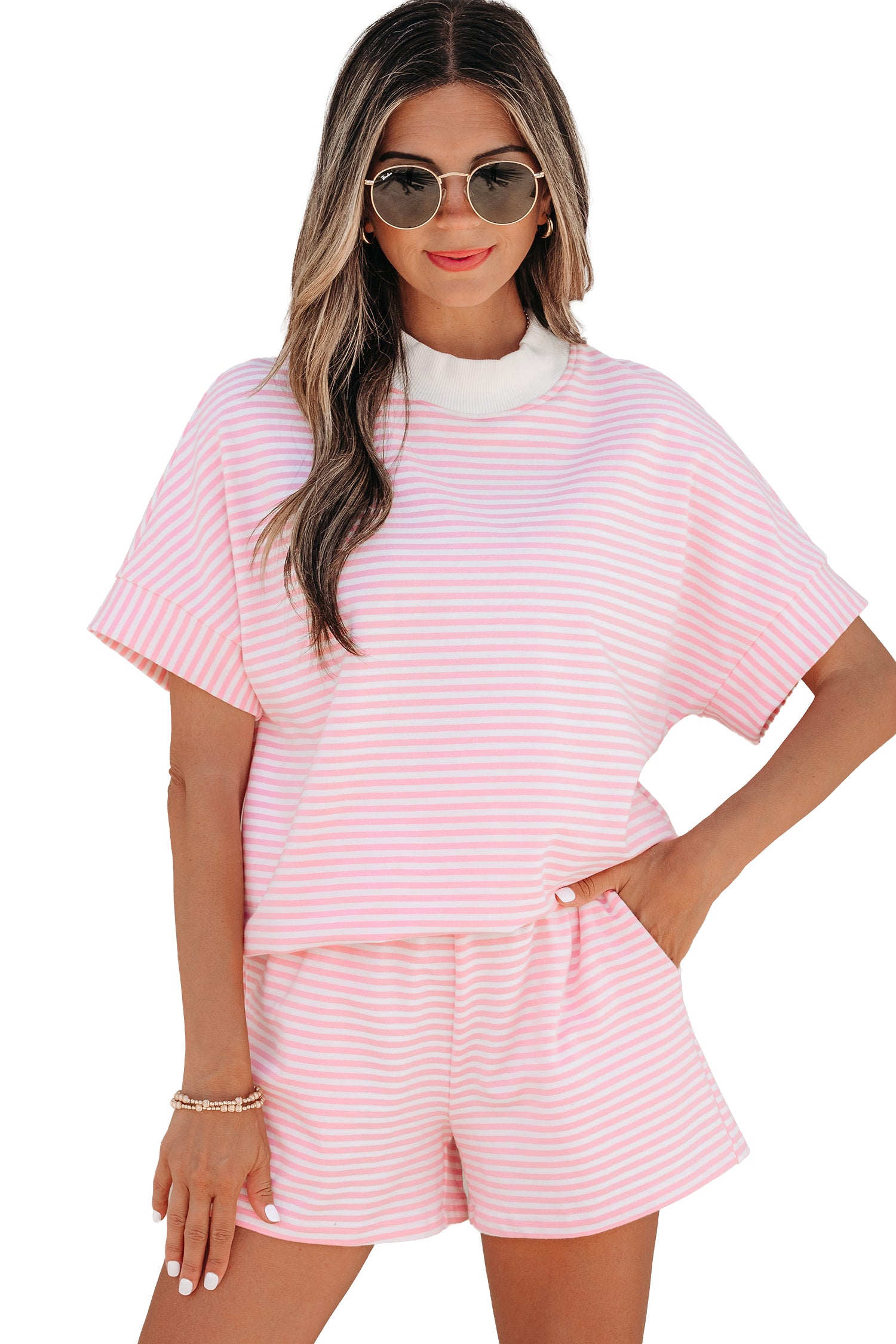 Green Stripe Cuffed Sleeve Contrast Mock Neck Tee Casual 2pcs Short Set