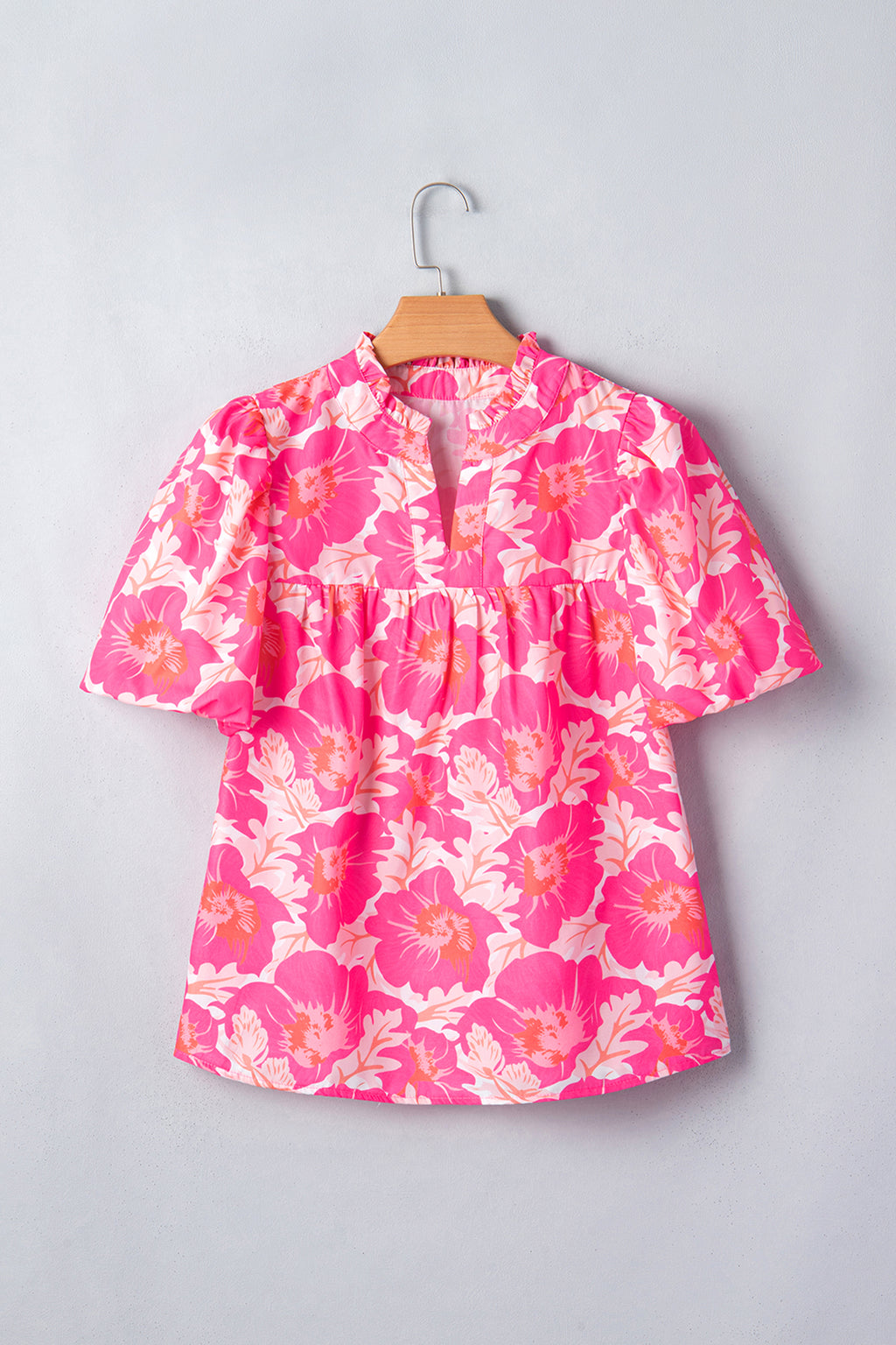 Green Short Bubble Sleeve Summer Floral Blouse