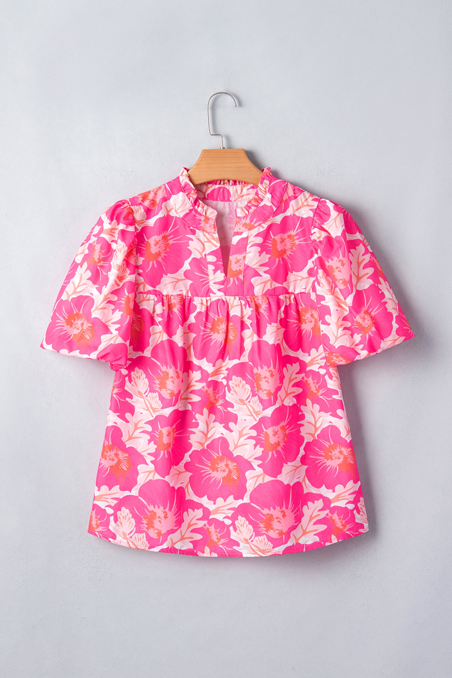 Green Short Bubble Sleeve Summer Floral Blouse