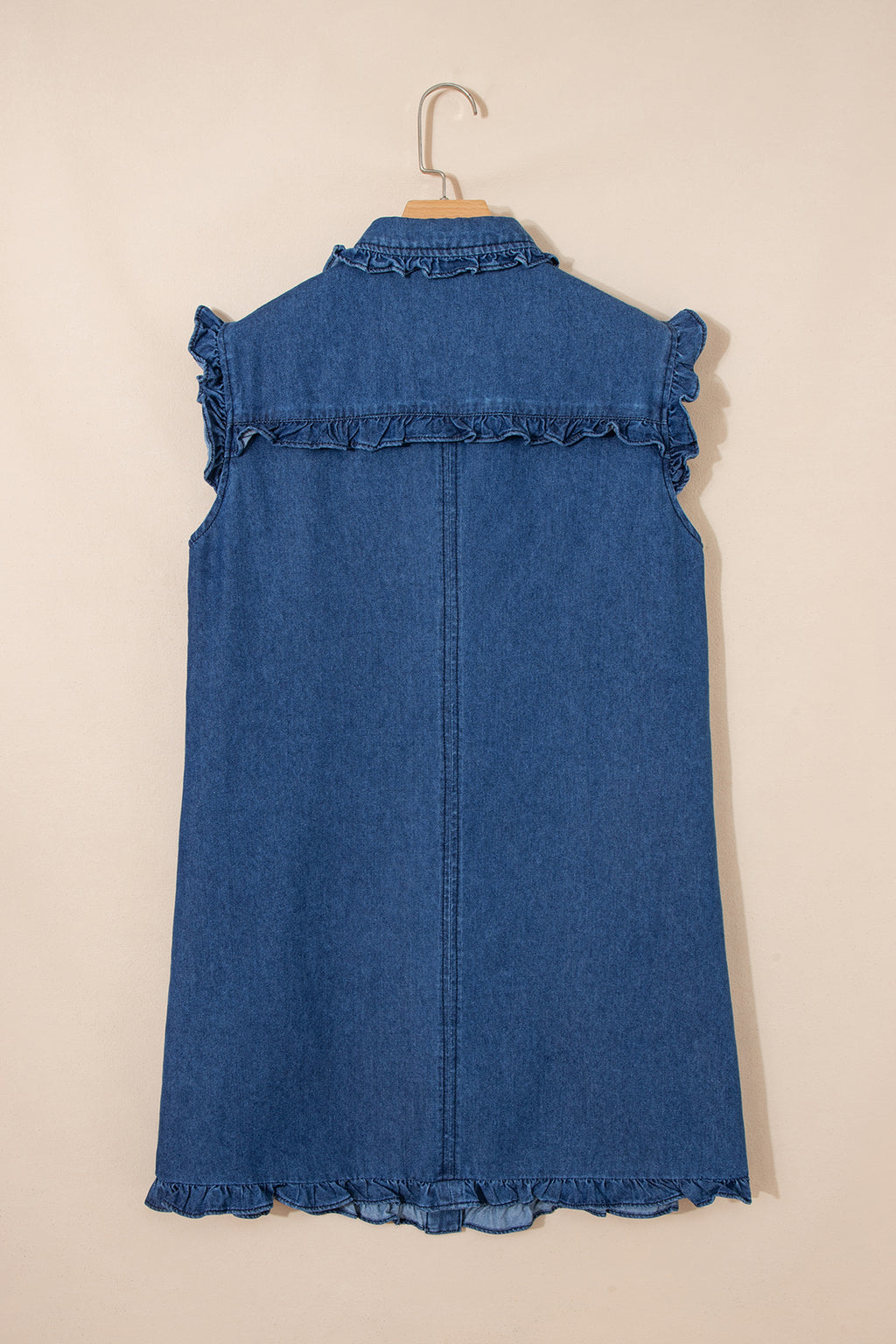 Sail Blue Ruffled Edge Collared Shift Denim Dress with Pockets