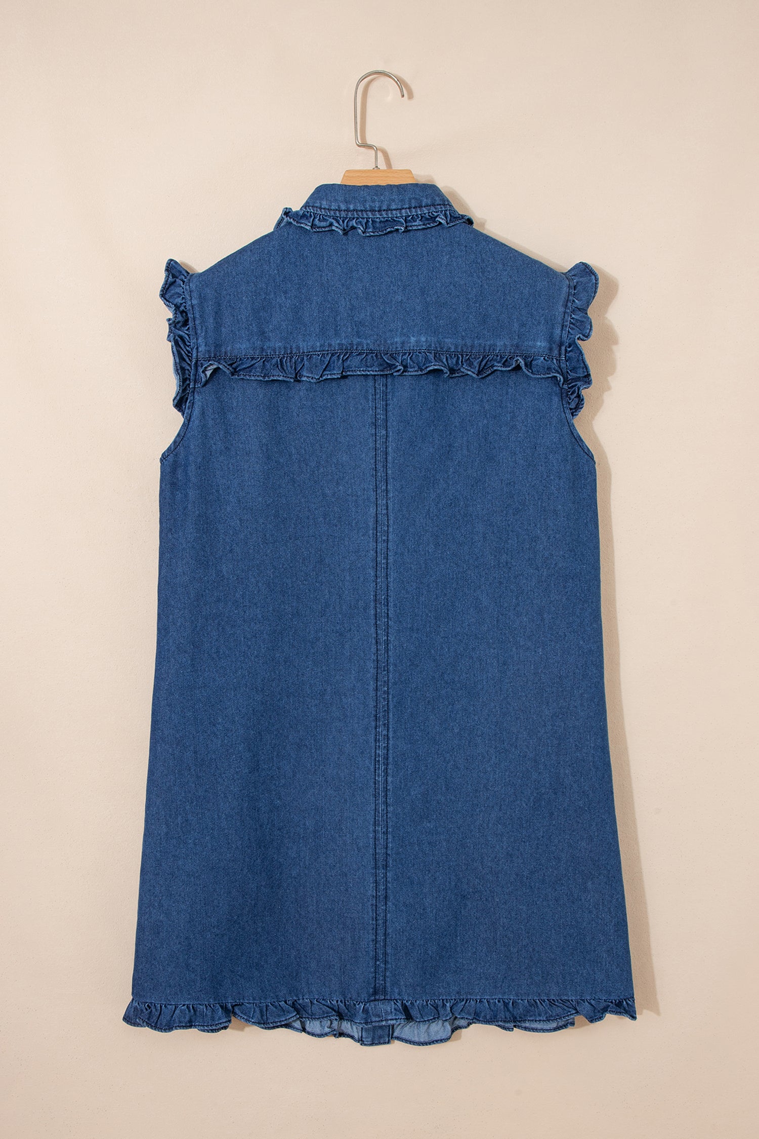 Sail Blue Ruffled Edge Collared Shift Denim Dress with Pockets