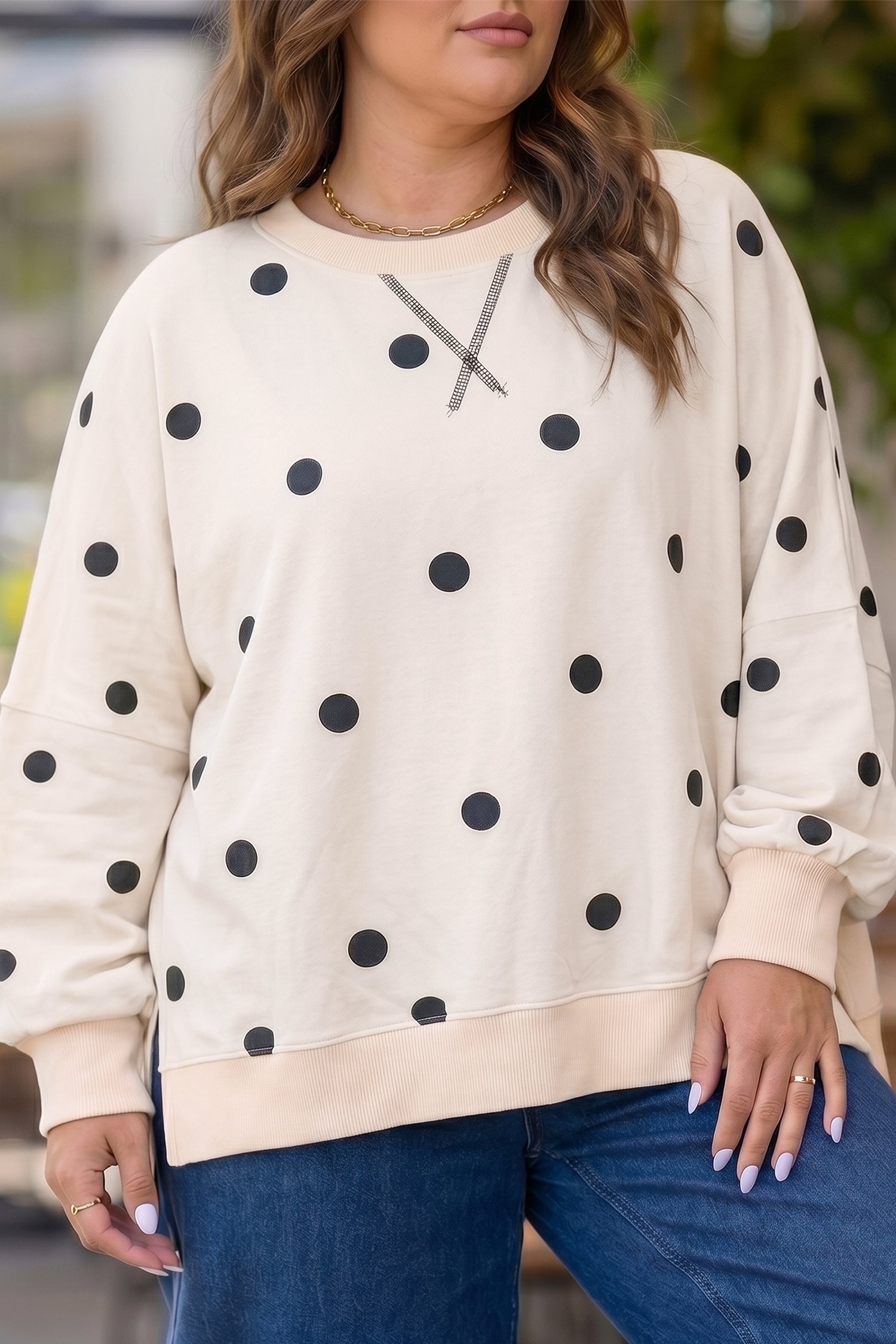 Yellow Round Neck Long Sleeve Polka Dot Plus Size Top