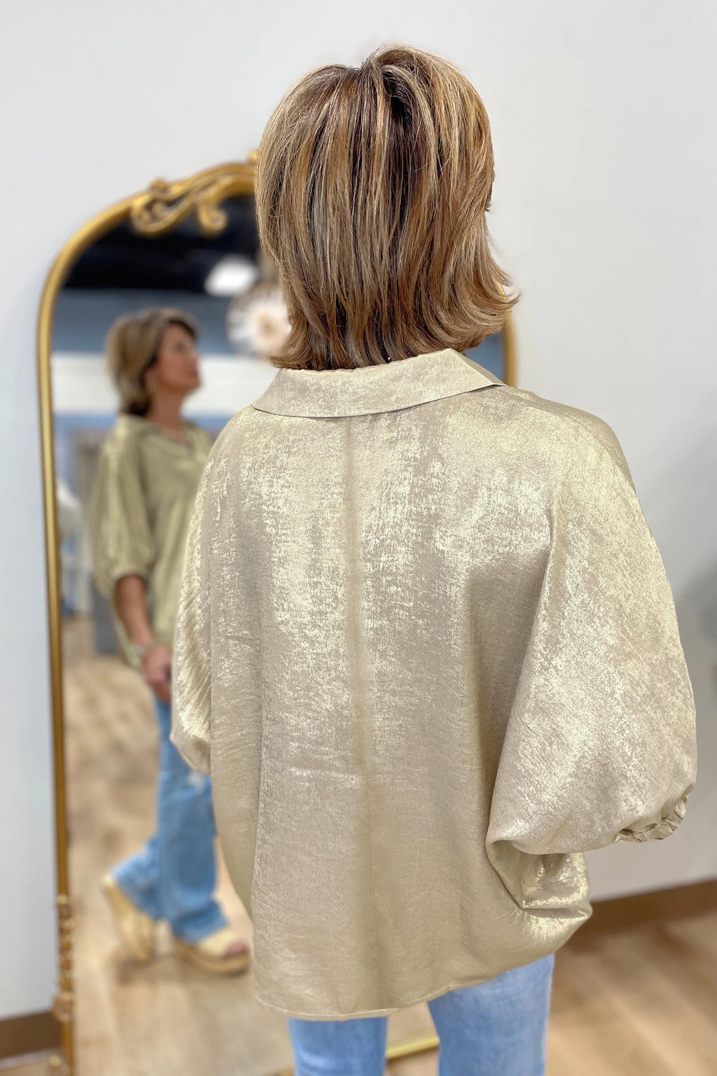 Clearly Aqua Collared V Neck Half Sleeve Metallic Top