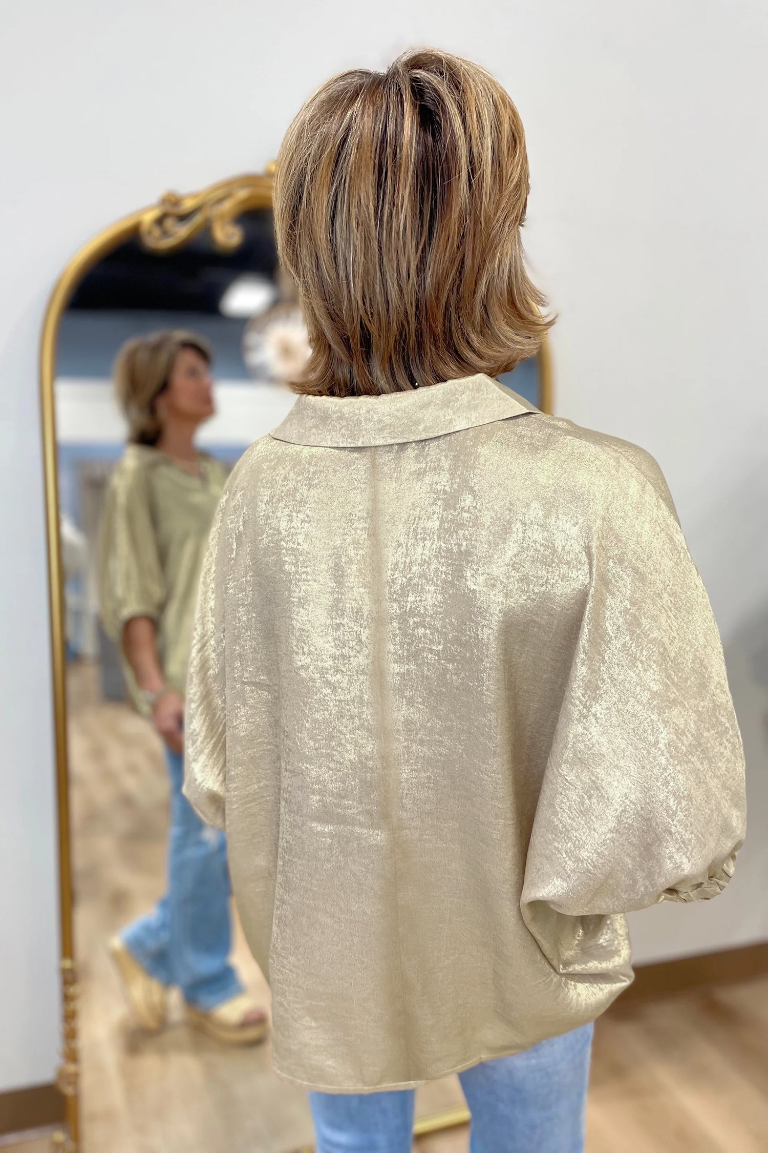 Clearly Aqua Collared V Neck Half Sleeve Metallic Top