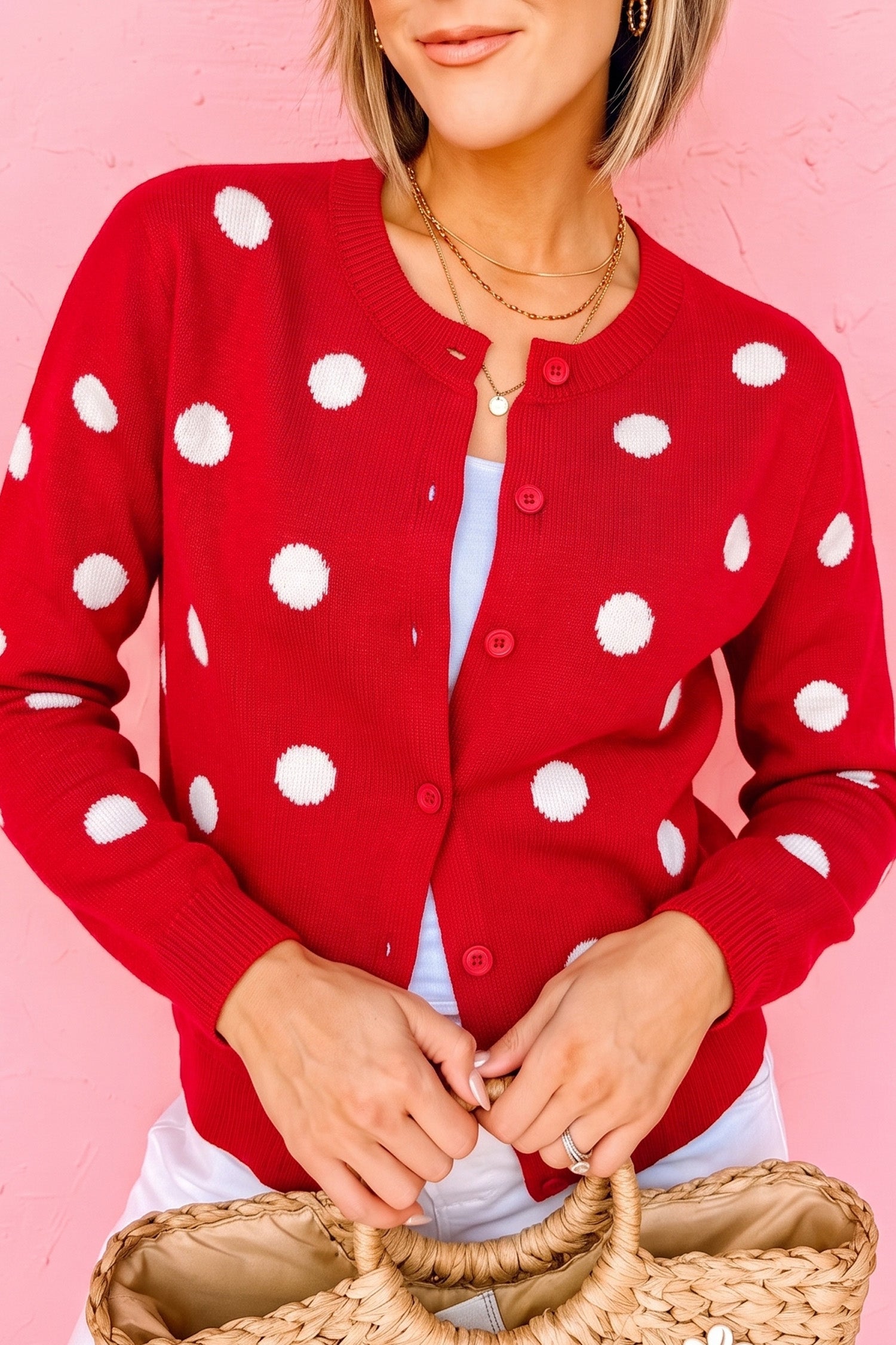 Fiery Red Casual Polka Dot Button Front Long Sleeve Sweater Cardigan