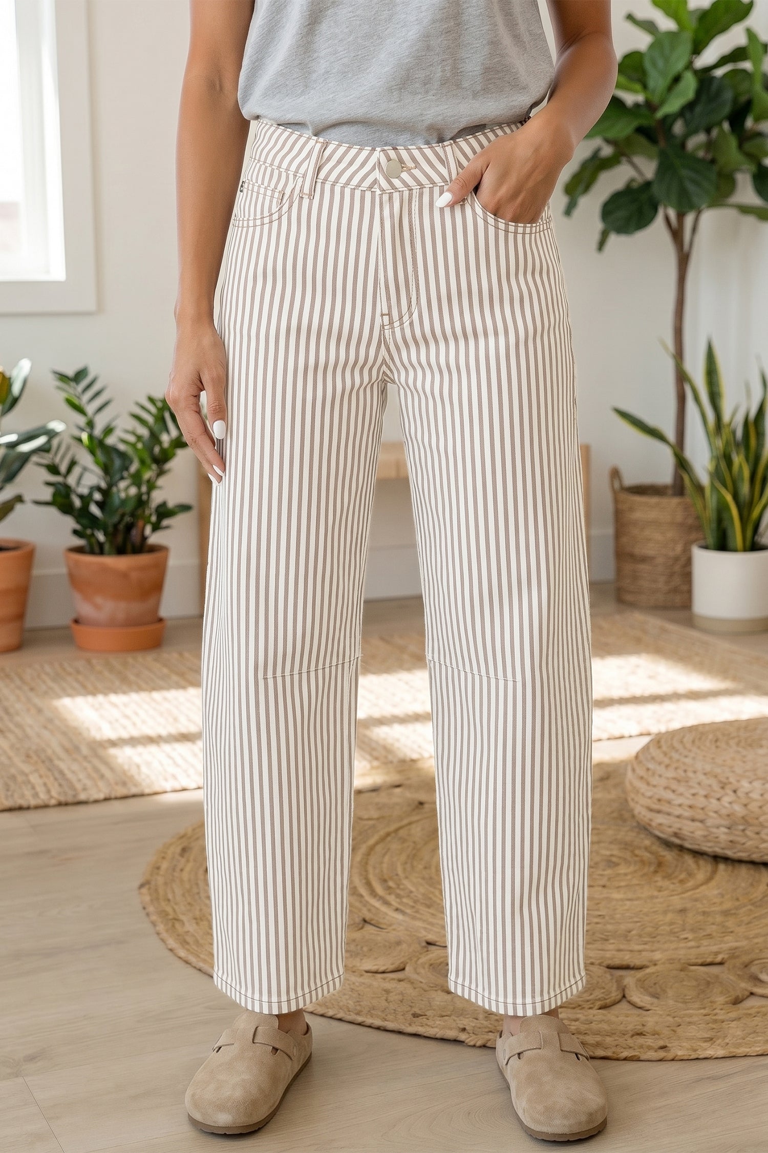 Brown Stripe Casual Barrel Jeans